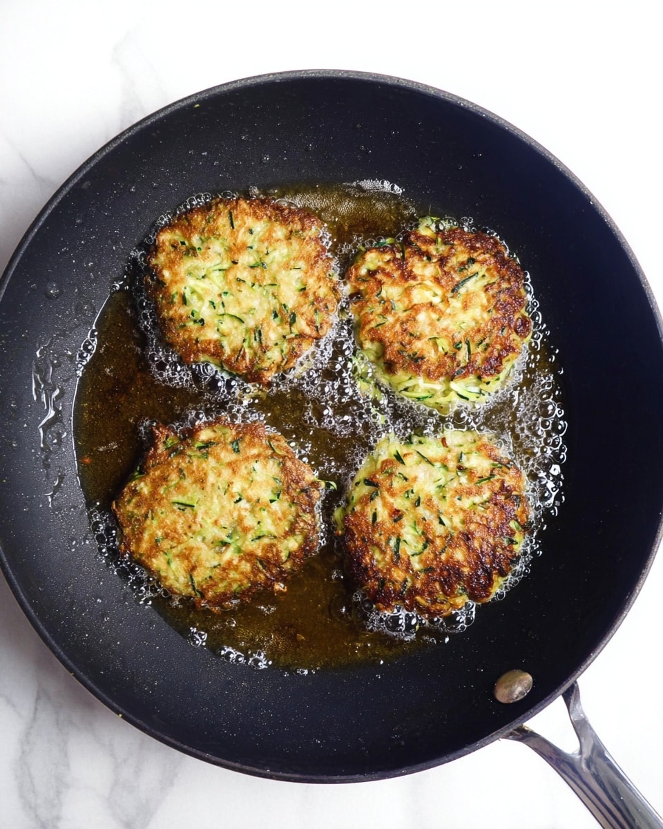 A black frying pan with four golden brown zucchini fritters cooking in clear bubbling oil is shown from above. Each fritter is round and textured, with crispy, uneven edges and visible green zucchini strands mixed with light browned batter. The pan handle is silver, and the pan rests on a white marbled surface. photo taken with an iphone --ar 4:5 --v 7