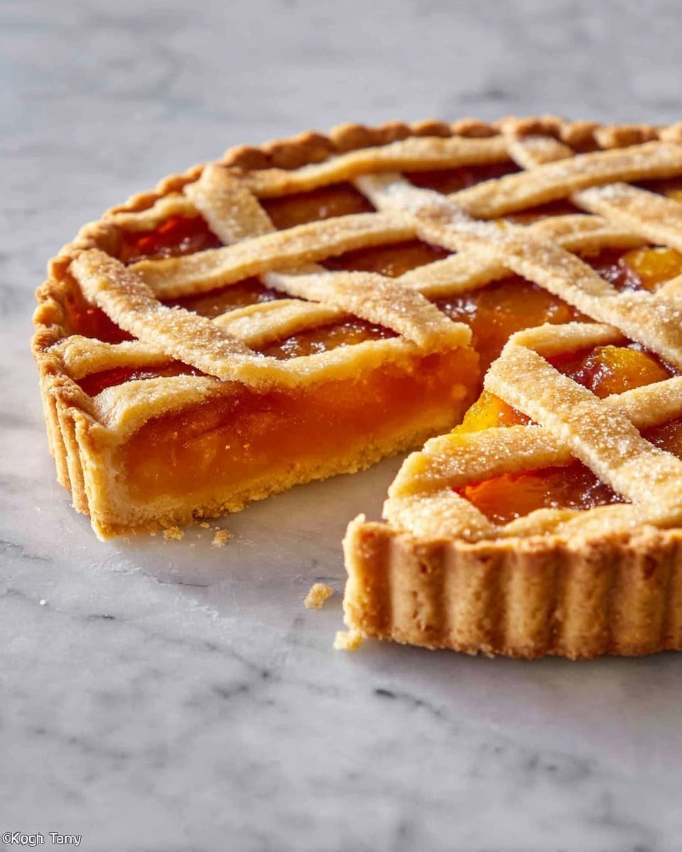 A round pie with a golden brown lattice crust on top shows a bright orange filling that peeks through the crust's square and rectangular cut-outs. The crust edges are crimped and thick, adding texture and a homemade feel. On the side, there are two halved apricots, one with the pit inside. Nearby, a white scalloped bowl holds a vibrant orange jam or sauce, placed on a blue textured cloth with fringed edges. Above the pie, there are two stacked white scalloped plates with two forks resting on top. The pie and items sit on a white marbled surface photo taken with an iphone --ar 4:5 --v 7