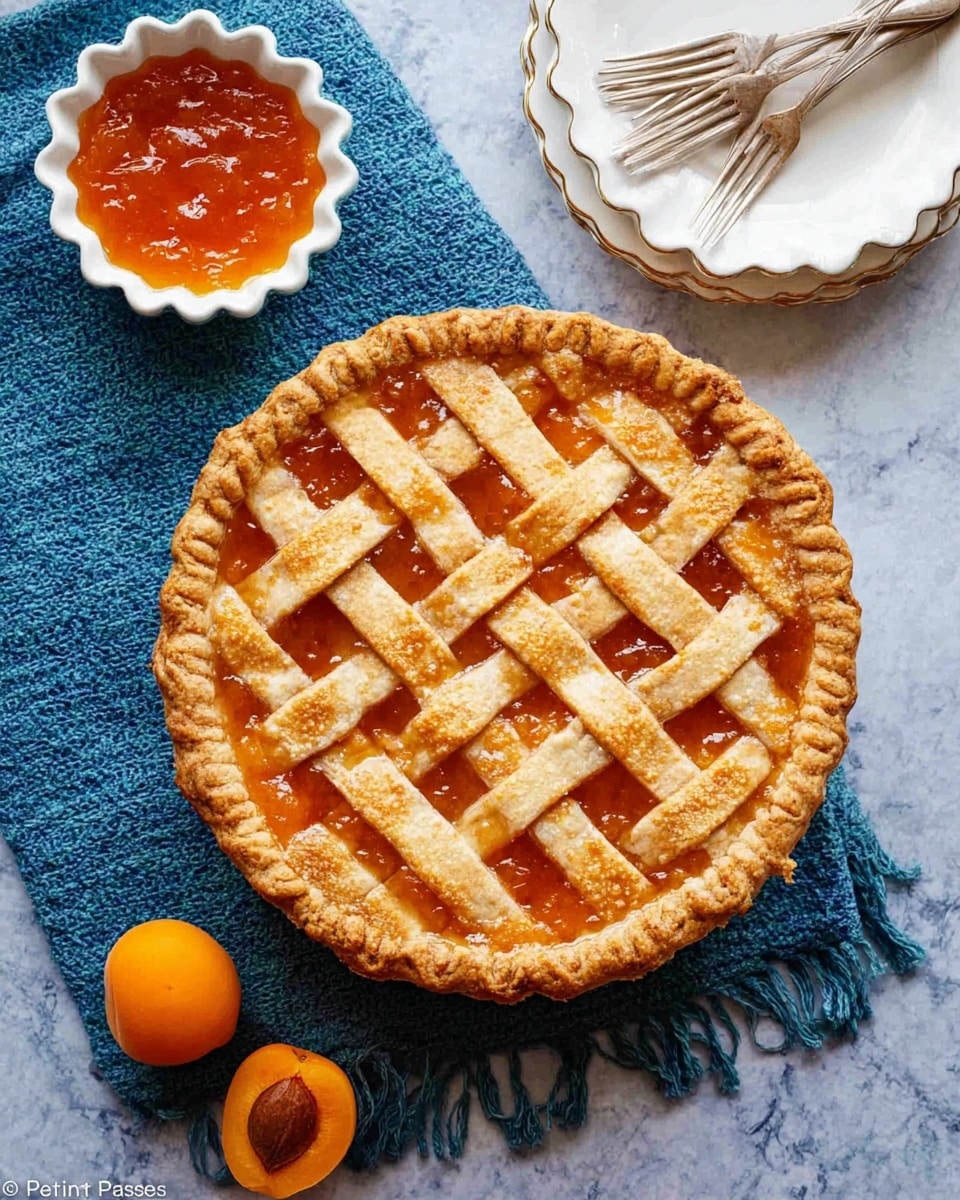 A round pie with a golden brown lattice crust sits on a white marbled surface. The thick crust edge is evenly baked and holds the filling inside. The filling is a bright orange color, visible through the lattice pattern on top. One slice is removed from the pie, showing the thick layer of orange filling between the crust base and the lattice topping. Photo taken with an iphone --ar 4:5 --v 7