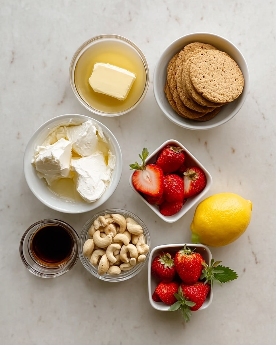 The image shows six small white bowls and dishes on a white marbled surface, each containing a different ingredient. One dish holds a round stack of light brown biscuits with a rough texture, placed next to a bowl of soft white cream cheese with some broken pieces. There's a small bowl with smooth yellow butter, a square bowl filled with whole cashew nuts, a small bowl with dark brown syrup, and another square bowl containing fresh red strawberries with green leaves. A bright yellow lemon lies beside the small bowls, adding a pop of color. The items are neatly arranged and well-lit, with a clean, simple look. photo taken with an iphone --ar 4:5 --v 7