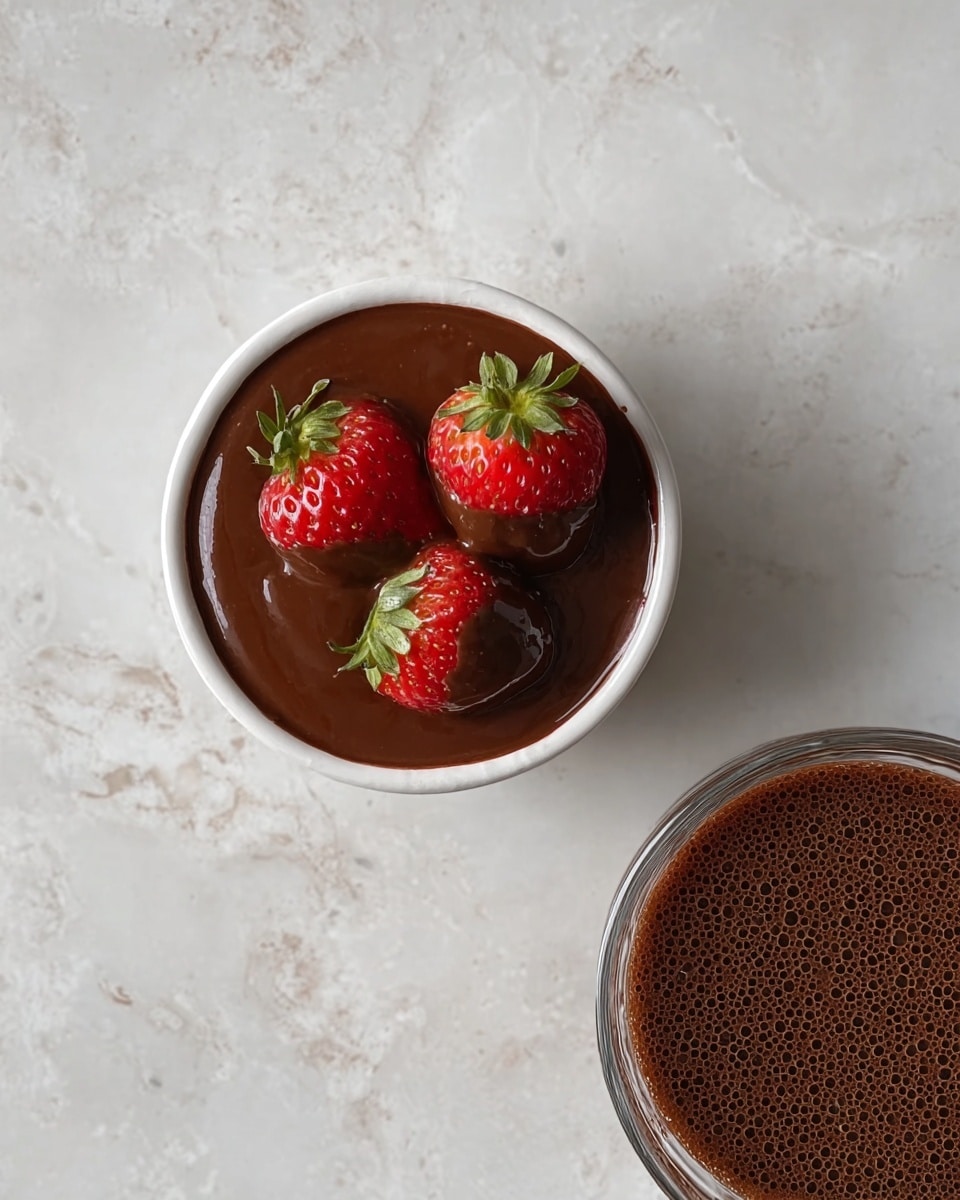 A white bowl with three red strawberries, each partially covered with smooth brown chocolate sauce dripping down the sides, is placed on a white marbled surface. To the right and slightly below, there is a clear glass bowl filled with a thick dark brown sauce that has small bubbles on its surface. Both bowls are spaced apart, with the strawberries visually contrasting against the rich chocolate and the subtle texture of the white marbled background. photo taken with an iphone --ar 4:5 --v 7