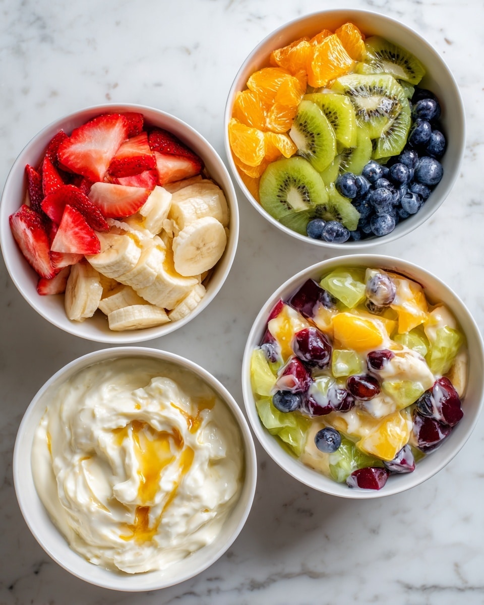 A white bowl filled with colorful fruit slices arranged in layers: the top layer has red strawberry slices, light yellow banana slices, dark blue blueberries, bright green kiwi slices, and orange mandarin segments, each spread in clusters. Next, a white bowl holds a thick, creamy white mixture with golden honey drizzled on top, visible as shiny amber streaks. Another white bowl shows the creamy mixture fully blended into a smooth, light cream color with a soft texture. Finally, a white bowl contains the mixed fruit pieces coated in the creamy mixture, creating a colorful, glossy salad with red, orange, green, and dark blue spots blending together. All bowls are placed on a white marbled surface photo taken with an iphone --ar 4:5 --v 7