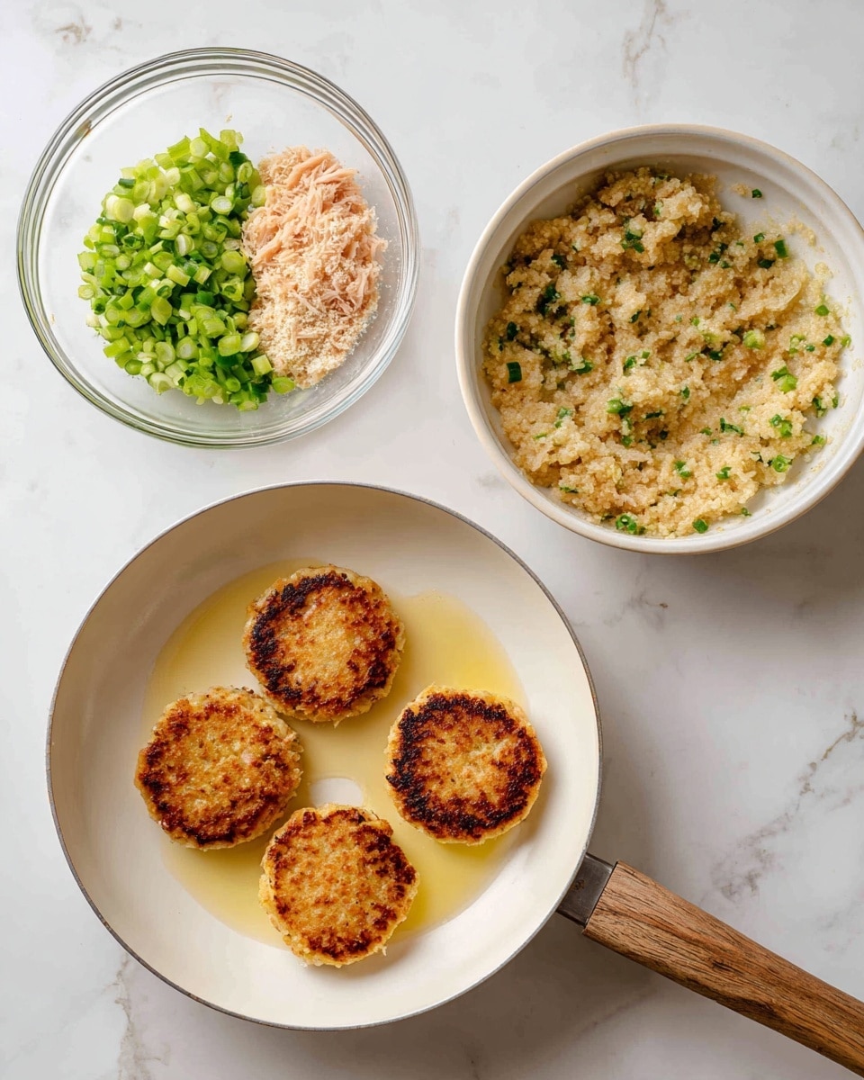 The image shows a four-step cooking process on a white marbled surface. The first step has a clear glass mixing bowl containing three separate piles: light green chopped scallions on the left, light brown breadcrumbs on the right, and shredded light pink tuna near the top. The second step shows the same bowl with the ingredients mixed into a textured, pale beige tuna mixture with green scallion bits. The third step features a white frying pan with a wooden handle, inside are three flat, round, pale tuna patties cooking in light yellow oil. The fourth step shows the same pan with the three patties now browned and crispy on the surface, showing a golden-brown color and slightly rough texture. photo taken with an iphone --ar 4:5 --v 7