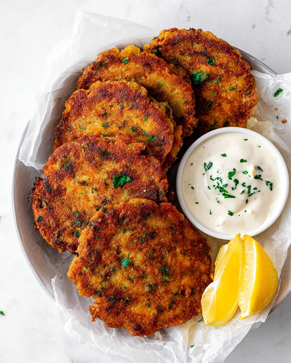 The dish shows a white round plate lined with white paper, holding four golden brown patties with a rough, crispy texture and small green herb pieces sprinkled on top. The patties are stacked and laid out unevenly, showing their thick, uneven layers. To the right of the patties, there are two bright yellow lemon wedges placed next to a small white bowl filled with a creamy white dipping sauce, also garnished with small green herbs. The plate sits on a white marbled surface. photo taken with an iphone --ar 4:5 --v 7