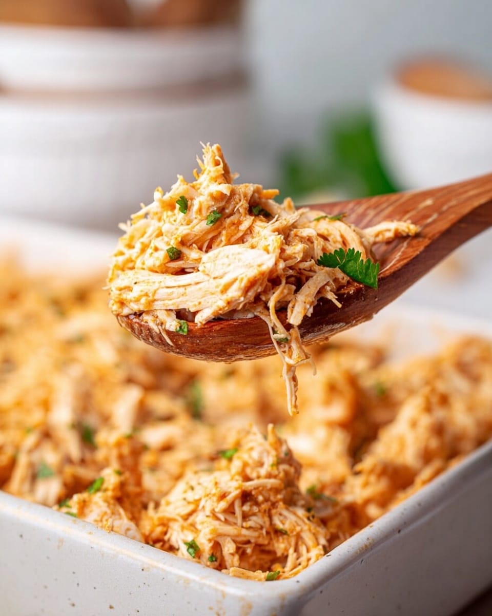 A close-up of shredded chicken with a light orange color mixed with small green herb pieces, held by a wooden spoon above a white square dish filled with more shredded chicken. The chicken looks soft and moist, with visible stringy texture. The background shows a blurred white marbled surface and white bowls. The photo taken with an iphone --ar 4:5 --v 7