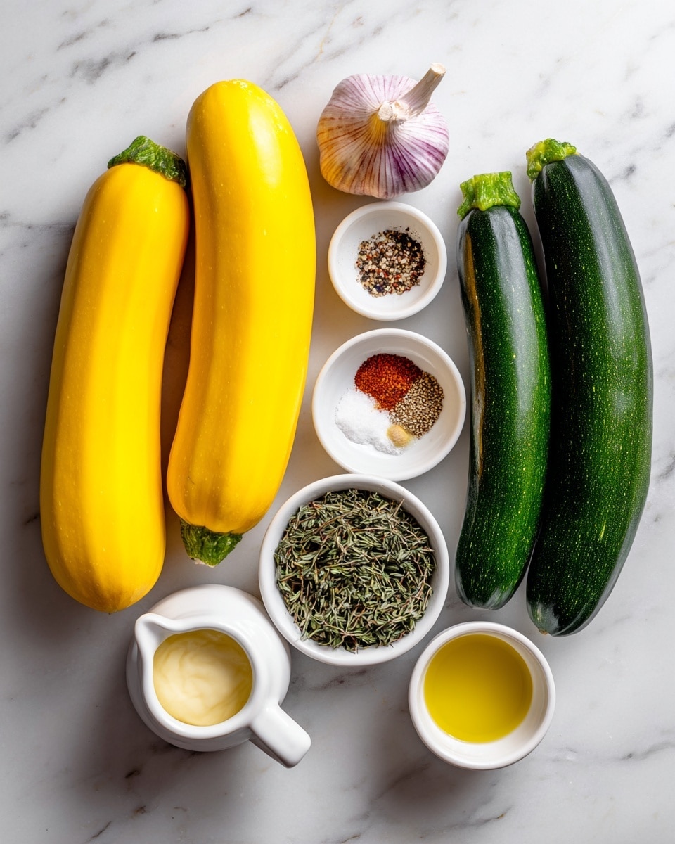 The image shows fresh ingredients arranged neatly on a white marbled surface. There are two bright yellow squashes placed side by side on the left. To the right, two dark green zucchinis lie parallel to each other. Above the zucchinis, a light purple garlic bulb is placed. Above the garlic, a small white bowl holds three spices: coarse white salt, black pepper, and red pepper flakes, arranged in small piles. Below the garlic, a white bowl holds dried thyme with visible fine greenish-brown leaves. To the bottom left, a small white bowl contains creamy Dijon mustard with a smooth texture. Next to it, a white cup is filled with golden olive oil. The composition is clean and simple with bright natural lighting, and the photo is taken with an iphone --ar 4:5 --v 7