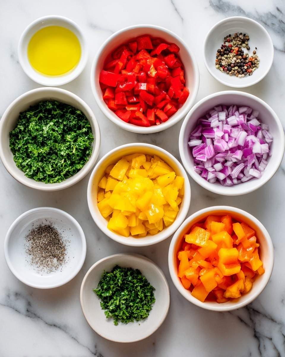 The image shows a top-down view of several small white bowls on a white marbled surface, each containing different chopped ingredients arranged neatly. One bowl holds bright red chopped red pepper pieces, another contains vibrant yellow mango cubes with a smooth texture. A smaller bowl has finely chopped green parsley, while another holds small pieces of orange habanero. There is a bowl filled with chopped red onion showing white and purple layers, and near it are small white containers with yellow olive oil and pale yellow lime juice. A very small white dish holds salt and black pepper flakes. Each ingredient is clearly separated, colorful, and fresh, creating a vibrant and organized impression. Photo taken with an iphone --ar 4:5 --v 7
