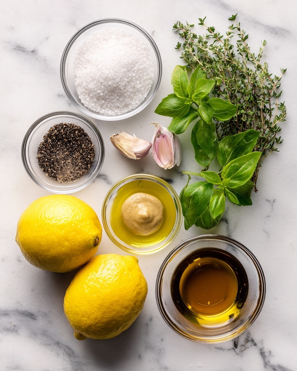 The image shows a white marbled surface with ingredients spread out in a neat arrangement. At the top center, there is a small clear glass bowl filled with white sea salt. To the right of it, a fresh green oregano bunch lies loose with bright leaves. Below the oregano, a garlic clove with a light purple tint rests on the surface. Near the center left, a small glass bowl contains ground black pepper. At the bottom left, two whole bright yellow lemons are placed side by side. Below the lemons, a small glass bowl holds golden honey. To the right of the honey, another clear glass bowl contains a light brown dollop of dijon mustard. On the bottom right corner, a larger transparent glass bowl is filled with dark golden extra virgin olive oil. The ingredients stand clearly apart on the white marbled background. photo taken with an iphone --ar 4:5 --v 7