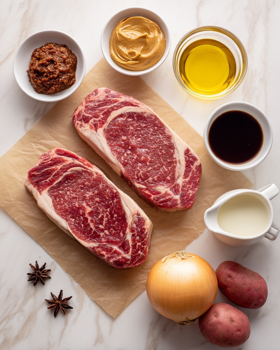 The image shows ingredients arranged neatly on a white marbled surface. At the center, there are two thick, raw chuck steaks with red meat and white fat marbling, placed on a piece of light brown parchment paper. To the top left is a small white bowl holding a dollop of dark reddish massaman curry paste. Above the steaks to the right is a small clear bowl filled with golden olive oil. Below and slightly to the right of the olive oil is a white small jug containing dark brown beef stock. Below the beef stock is a white pitcher filled with creamy white coconut milk. At the bottom left, a small clear bowl contains light brown peanut butter. Next to it is a whole round yellow onion with a smooth, shiny surface. To the right of the onion are two small red potatoes with smooth skin placed close together. Near the steaks on the left side lies a single dark brown star anise pod. The whole setup stands out on the clean white marbled background. photo taken with an iphone --ar 4:5 --v 7