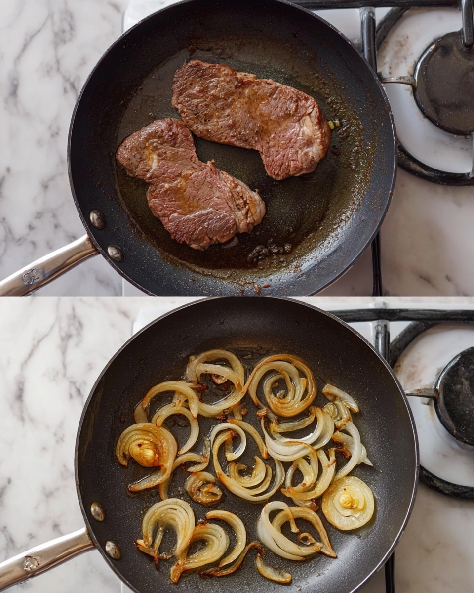 The image shows two dark frying pans on a stove with a white marbled surface below. The first pan contains two pieces of browned meat with a slightly pink center, sizzling in some oil. The meat has a rough texture with some crispy edges. The second pan holds several cooked onion slices that are light golden with some browning, scattered evenly across the pan's surface. Both pans have a worn look with some oil stains visible. The scene suggests a step-by-step preparation of a meal. Photo taken with an iphone --ar 4:5 --v 7