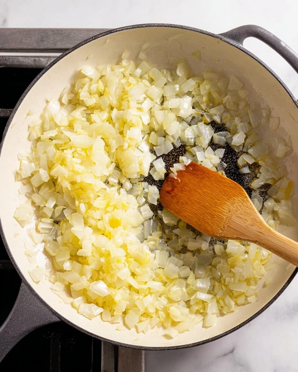 A close-up view of a white cast iron pan filled with roughly chopped onions cooking in oil, the onions are translucent with some pieces showing a light yellow tint. A wooden spatula is stirring the onions, with the tip in the center of the pan, moving the onions in a circular motion. The pan is placed on a white marbled surface, and the background is slightly blurred but hints at a stovetop setting. Photo taken with an iphone --ar 4:5 --v 7