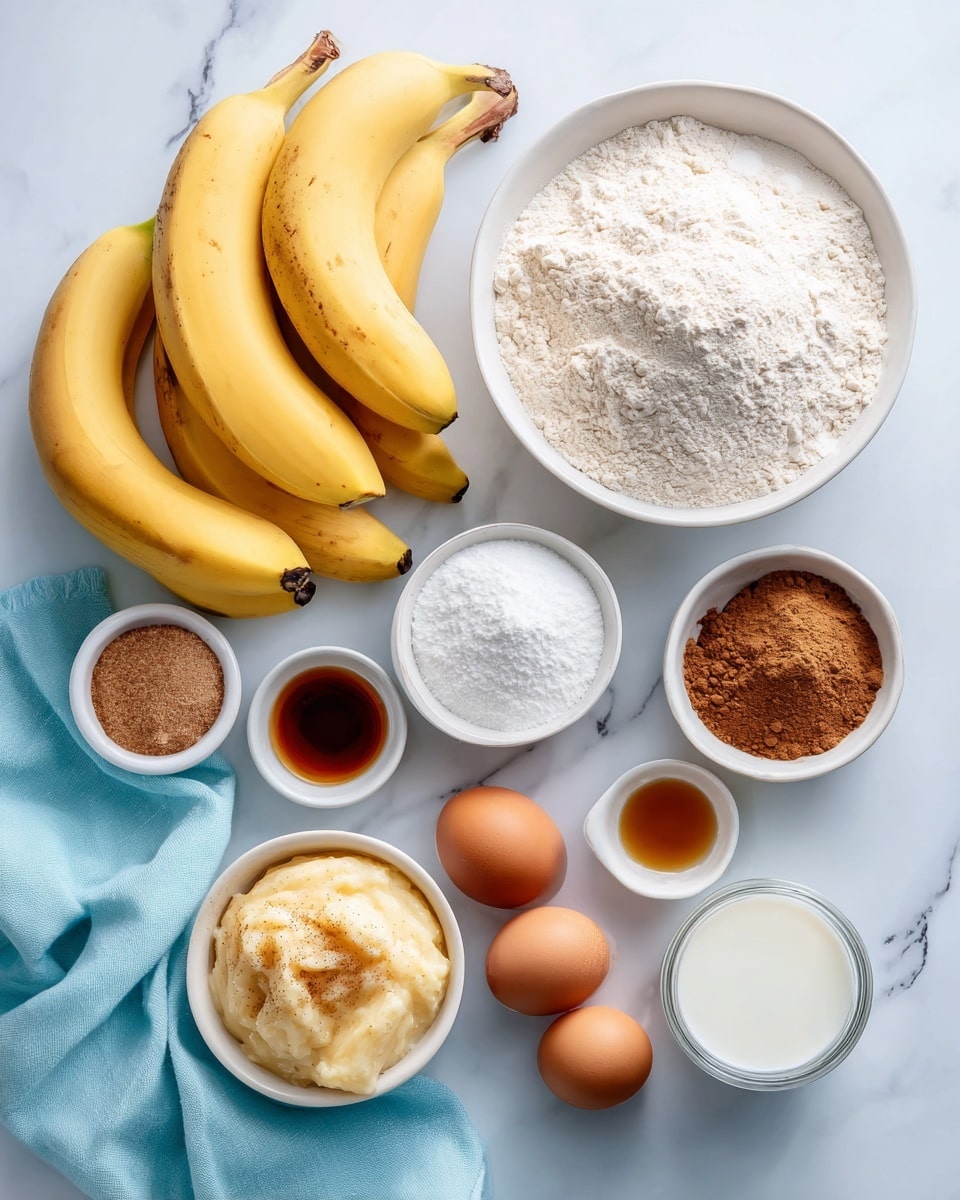 The image shows ingredients for a banana recipe arranged on a white marbled surface. On the left, there is a bunch of bright yellow bananas with smooth skin. Moving clockwise, a white bowl filled with fine, white flour sits at the top right. Below it, three small white bowls hold white baking powder with salt and cinnamon, light brown cinnamon powder, and dark brown vanilla liquid. Near the center, another white bowl contains light brown melted butter with a slightly grainy texture. Underneath, there is a clear glass container filled with white milk. To the left, a white bowl holds mashed bananas that look soft and slightly chunky. Above this is a small white bowl with two brown eggs, smooth and glossy. Above the eggs, a small white bowl is filled with light brown, clumped brown sugar. A soft light blue cloth is placed on the bottom left corner of the image. The scene is bright and neatly arranged. Photo taken with an iphone --ar 4:5 --v 7