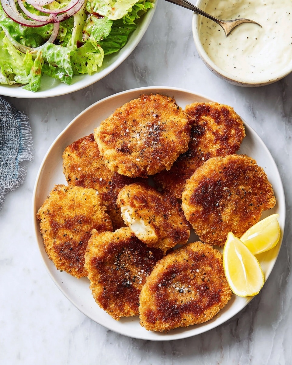 A white plate filled with six golden brown, crispy fried cutlets with a crunchy, seasoned coating, some darker toasted spots visible on the surface, sprinkled lightly with coarse salt and black pepper; two bright yellow lemon wedges placed on the bottom right and middle left edges of the plate. Above the plate on a white marbled surface, a white bowl holds creamy white sauce with a spoon resting inside, showing smooth texture with slight specks of seasoning. On the upper left side of the image, a glimpse of a white plate with fresh green lettuce leaves mixed with thin slices of red onion and a light dressing is visible. photo taken with an iphone --ar 4:5 --v 7