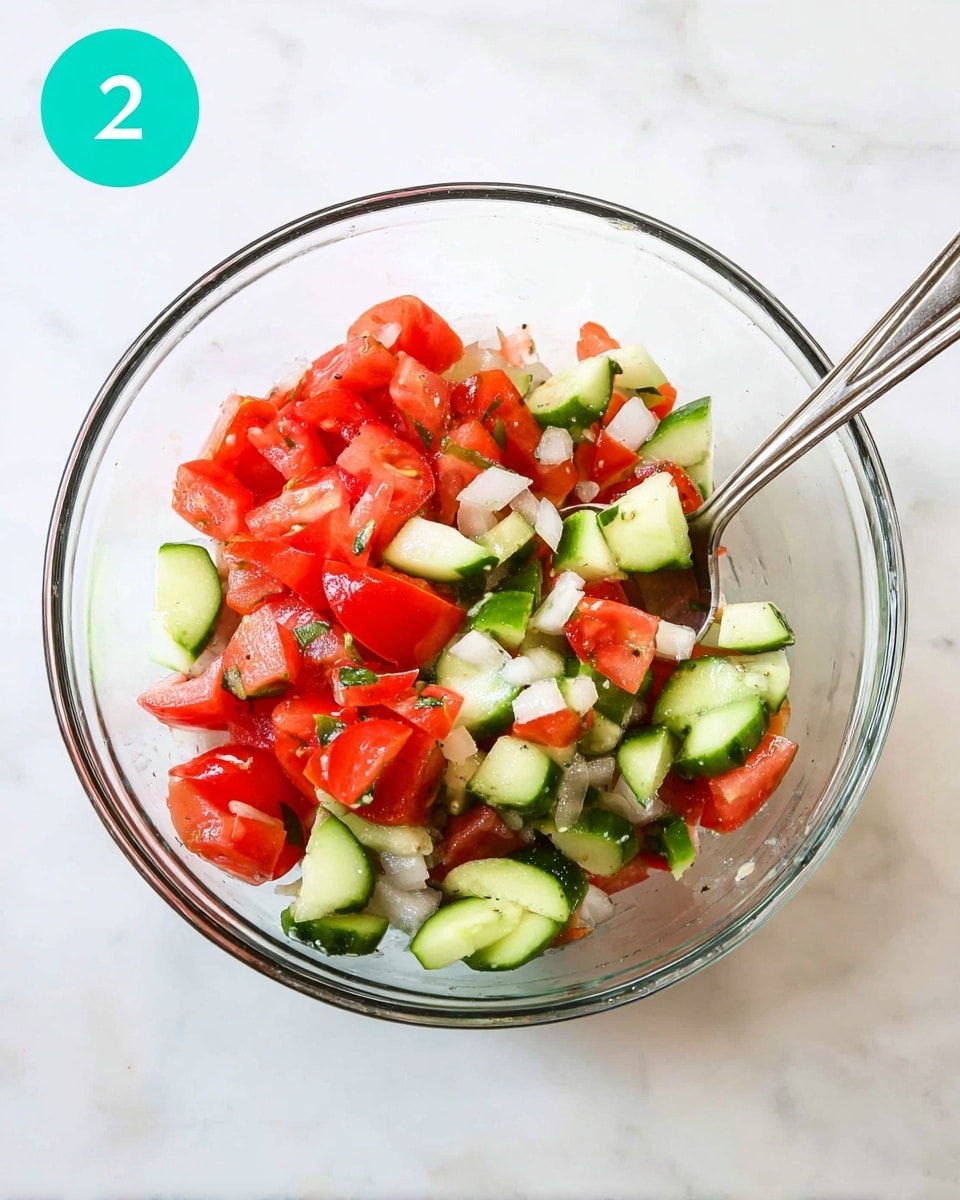 A clear glass bowl filled with a fresh salad showing three main layers of chopped vegetables: bright red tomato chunks, crisp white onion pieces, and pale green cucumber slices with darker green skin edges, all mixed evenly. A silver spoon rests inside the bowl on the right side, partially submerged in the salad. The bowl is placed on a white marbled surface. In the top left corner, a turquoise circle shows the number 2. photo taken with an iphone --ar 4:5 --v 7