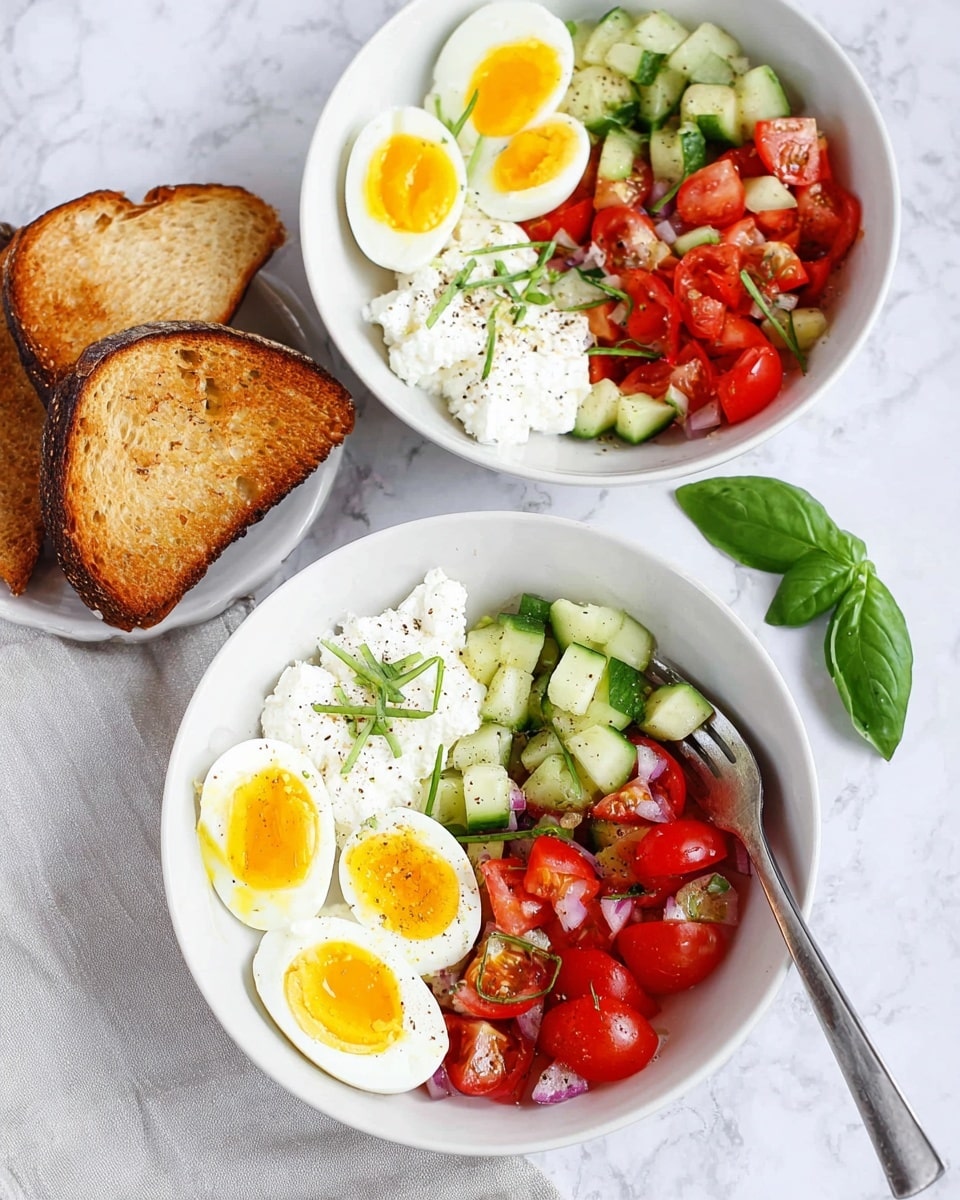 Two white bowls on a white marbled surface, each containing three halved boiled eggs with bright yellow yolks on one side, cottage cheese topped with thin green basil strips beside the eggs, and a fresh salad made of chopped red tomatoes, cucumber, and onion on the other side. The salad is lightly seasoned with scattered pepper. One bowl has a silver fork resting on the edge. Next to the bowls, two pieces of toasted bread with a golden brown crust sit on a white napkin, and a small green basil leaf is nearby. The bowls are placed on a light gray cloth. Photo taken with an iphone --ar 4:5 --v 7
