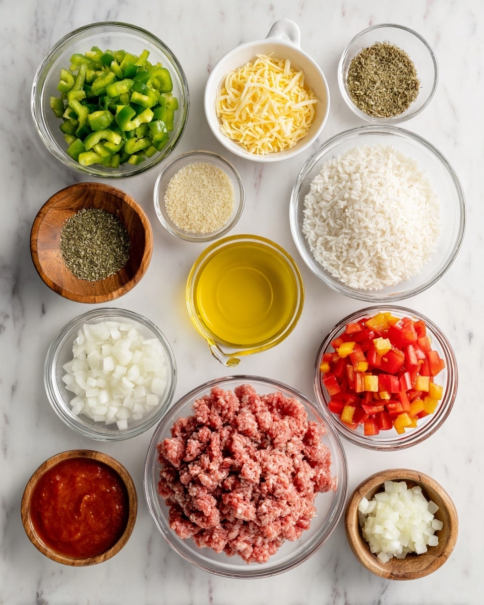 The image shows various ingredients placed on a white marbled surface in clear and wooden bowls, arranged neatly. At the bottom center is a large clear bowl filled with raw ground beef, showing its coarse pink texture. Above it to the left is a smaller clear bowl with chopped green peppers, bright and fresh. Next to the green peppers is a small white bowl with light yellow olive oil. On the right side of the beef is a small clear bowl with finely chopped white onions, next to it is another small clear bowl with small cubes of yellow peppers. Above the yellow peppers is a clear measuring cup filled with yellow chicken broth. Centered above the beef is a clear bowl full of white uncooked rice. Above the rice is another clear bowl with shredded pale yellow cheese. To the left of the cheese are two small wooden bowls; the one on the left holds dried oregano with a greenish hue, and the one on the right contains light brown garlic powder. Above the oregano and garlic powder bowls is a small wooden bowl with white salt and black pepper mixed. To the left side of the rice is a clear bowl with diced red tomatoes. Lastly, at the bottom right side is a small white bowl with dark red tomato paste. Each ingredient is labeled with bold black text and white background. photo taken with an iphone --ar 4:5 --v 7