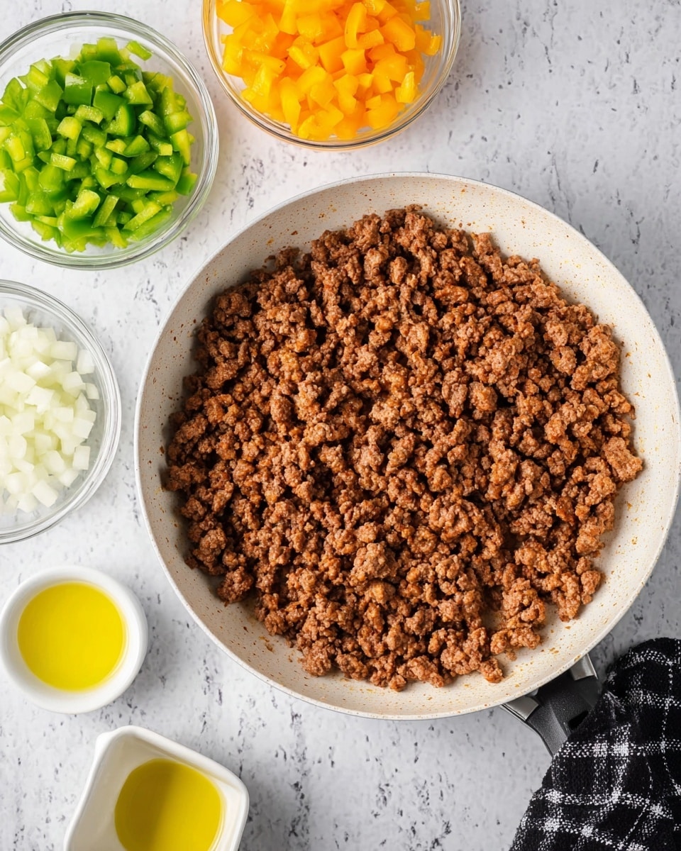 A large white skillet is filled with cooked ground meat that is brown and crumbly, spread evenly across the pan. Surrounding the skillet on a white marbled surface are three small clear glass bowls, each with diced vegetables: one with green bell peppers, one with yellow bell peppers, and one with white onions. Additionally, there is a small white cup filled with yellow cooking oil near the bottom left of the skillet. A black and white checkered cloth is partially visible on the right side. Photo taken with an iphone --ar 4:5 --v 7