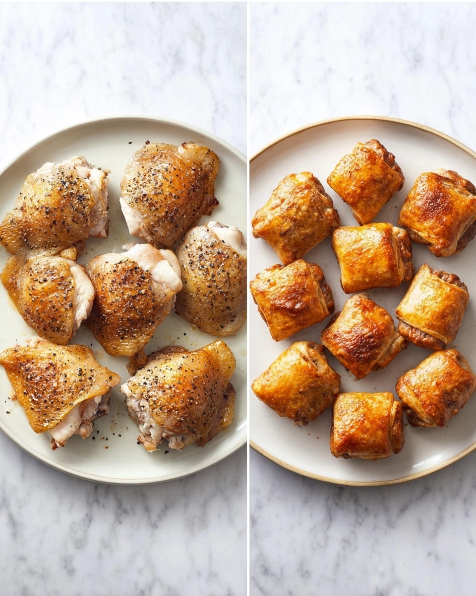 The image shows two white plates placed on a white marbled surface. The left plate holds five pieces of cooked chicken thighs, each with a golden brown, crispy skin sprinkled lightly with black pepper, with tender white meat visible beneath the edges of the skin. The right plate is filled with about fifteen small, golden-brown sausage rolls arranged closely together with a slightly shiny, crispy surface and a warm, toasted color. Both plates have a simple, clean look with the food arranged neatly without any garnishes or extra items around. Photo taken with an iphone --ar 4:5 --v 7