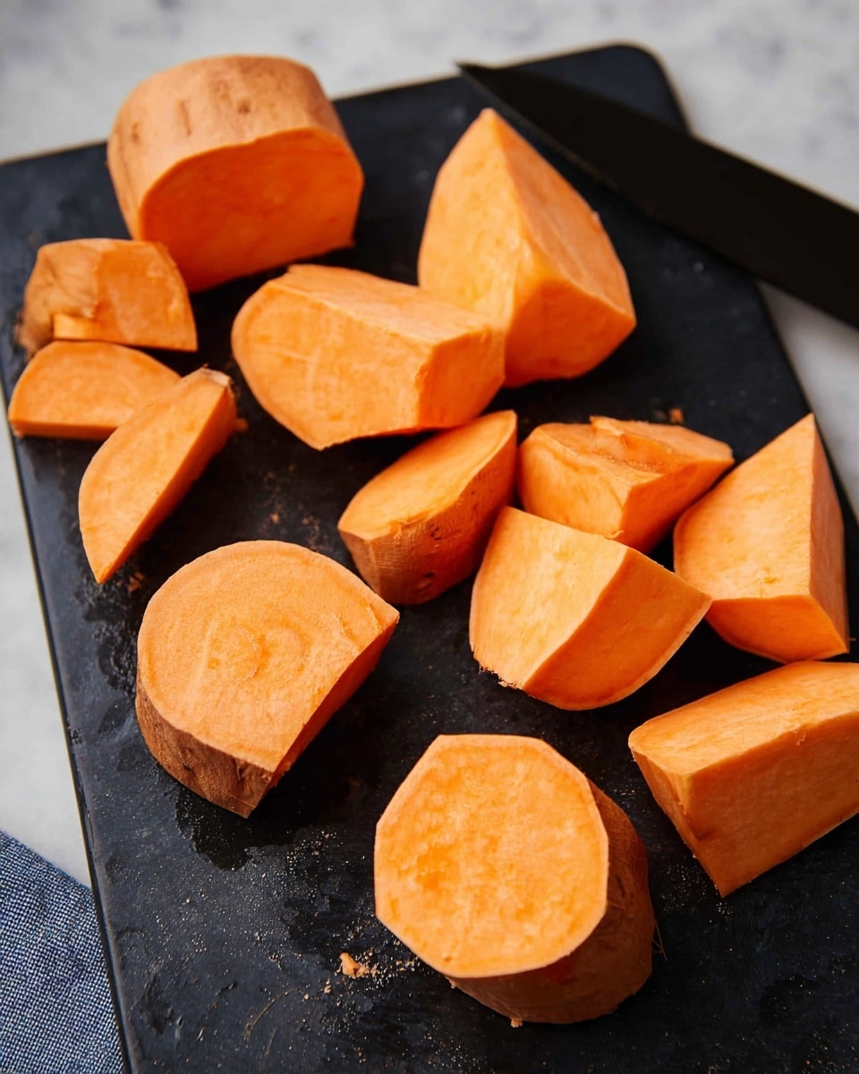 A dark black cutting board holds several peeled sweet potato pieces, each cut into thick chunks with smooth, bright orange flesh and slightly rougher, pale orange skin edges. The pieces vary in shape, mostly round or slightly oval, scattered casually across the board. In the background, a black peeler rests at the top right corner, all set on a white marbled surface. photo taken with an iphone --ar 4:5 --v 7