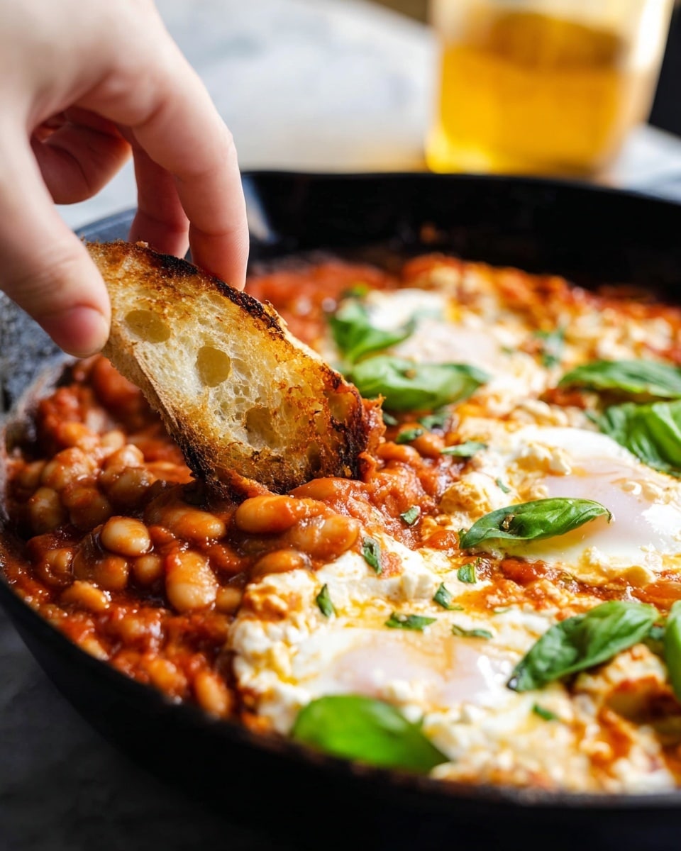 A close-up image shows a black cast iron pan filled with a thick stew of beans in a red tomato sauce mixed with melted white cheese spread unevenly on top, creating a soft and creamy texture. Bright green basil leaves are scattered on the surface for a fresh pop of color. A woman's hand is dipping a piece of torn, toasted bread with a golden crust and soft, airy inside into the stew. The background is blurred with a glass of golden liquid visible, and the whole scene rests on a white marbled texture. photo taken with an iphone --ar 4:5 --v 7