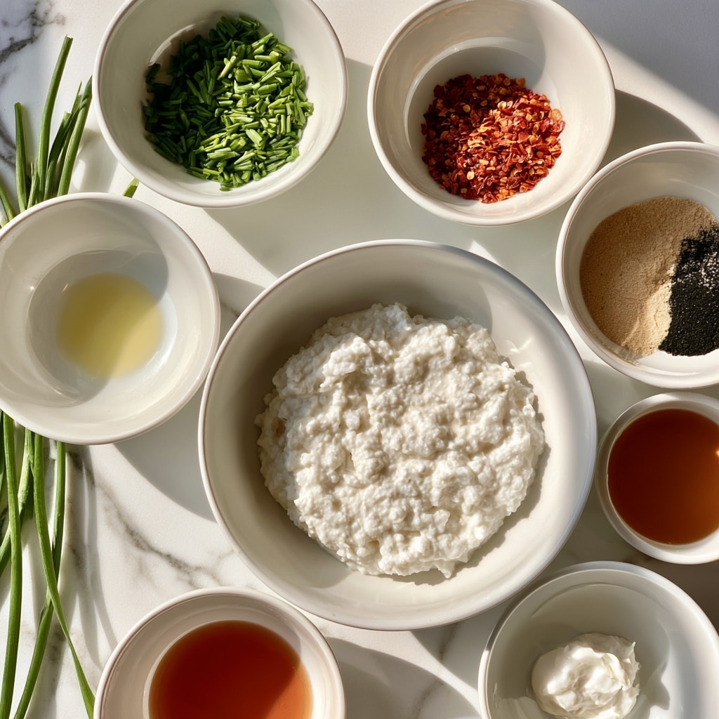 A top view shows seven white bowls arranged on a white marbled surface. In the middle, a large bowl holds a thick, white, lumpy mixture with a creamy texture. Around it are six smaller bowls: one with bright green chopped chives, a few whole green chives lying beside it; one with red chili flakes; another with a yellowish clear liquid; a bowl with tan and black powders beside each other; one with a reddish-brown liquid; and a bowl with a white creamy dollop. The setup has a clean and bright look, with natural light highlighting the colors and textures photo taken with an iphone --ar 4:5 --v 7