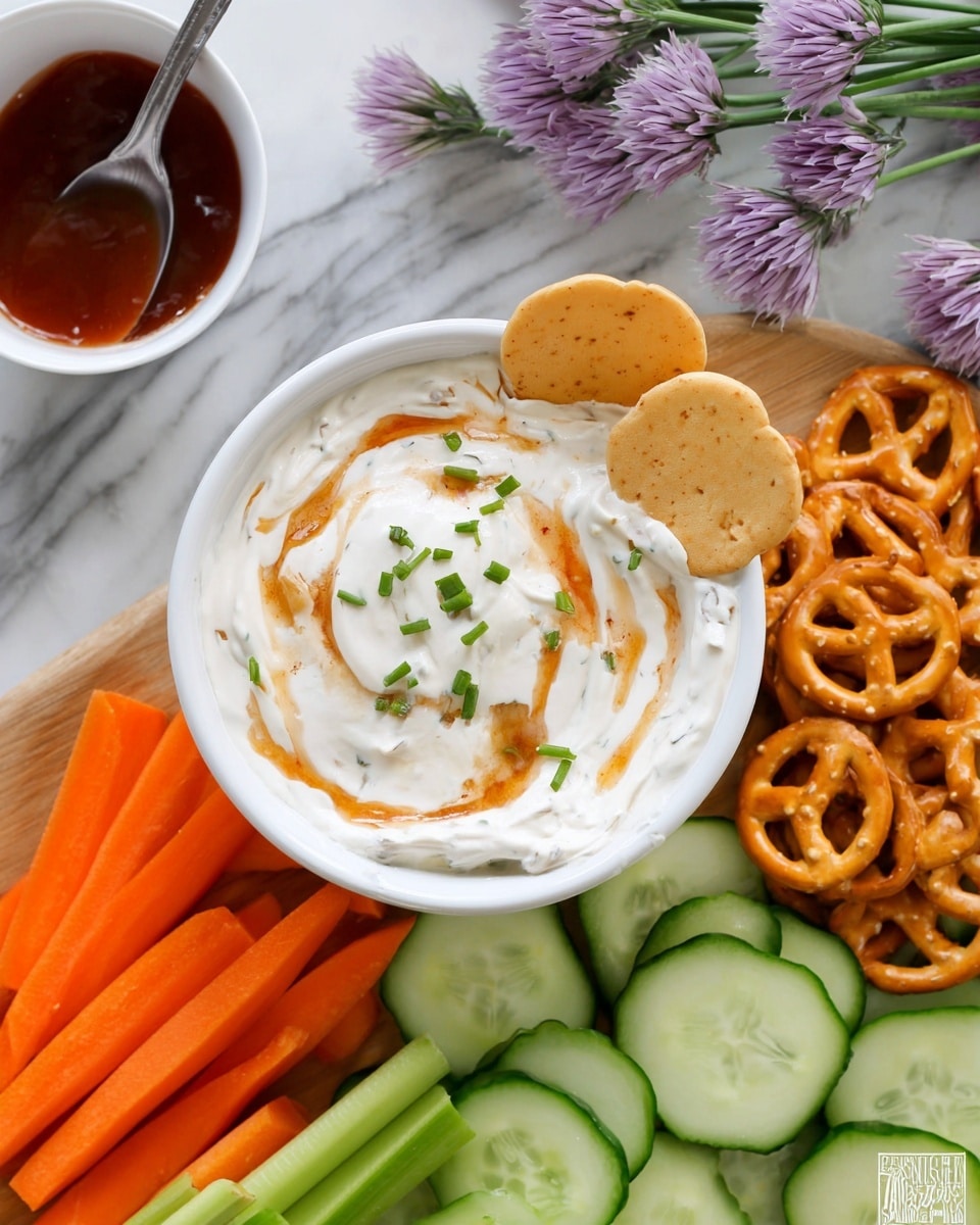 A white bowl filled with creamy white dip drizzled with a light brown sauce and sprinkled with small green chive pieces sits on a white marbled surface. Two light brown, round pretzel chips are gently placed on top of the dip. Surrounding the bowl, layers of fresh vegetables and snacks form a circular arrangement: bright orange carrot sticks on the left, overlapping circles of green cucumber slices with dark green edges at the top, a pile of golden-brown pretzel chips on the right, and crisp pale green celery sticks at the bottom. Nearby, a white bowl with dark reddish-brown sauce and a silver spoon is partly visible. Soft purple chive blossoms add a touch of color in the corner. photo taken with an iphone --ar 4:5 --v 7