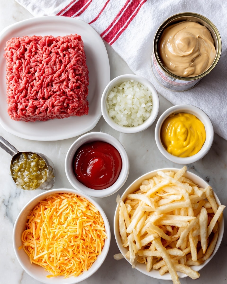 The image shows raw ground beef placed as a thick rectangular block on a white plate in the top left corner, with its bright red color and soft texture clearly visible. To the right, there is an open can filled with creamy beige mushroom sauce, next to a white bowl containing bright yellow smooth mustard. Below that, another white bowl holds glossy red ketchup. In the bottom right, a large white bowl is full of pale golden frozen French fries, stacked loosely and showing their icy texture. To the left of the fries, a white bowl is heaped with shredded orange cheddar cheese, its finely grated strands filling the bowl. Above the cheese, a small white bowl contains finely chopped white garlic, and next to that, a metal measuring cup is filled with green pickle relish that looks wet and chunky. The background surface is a white marbled texture, partly covered by a white dish towel with red stripes. Photo taken with an iphone --ar 4:5 --v 7