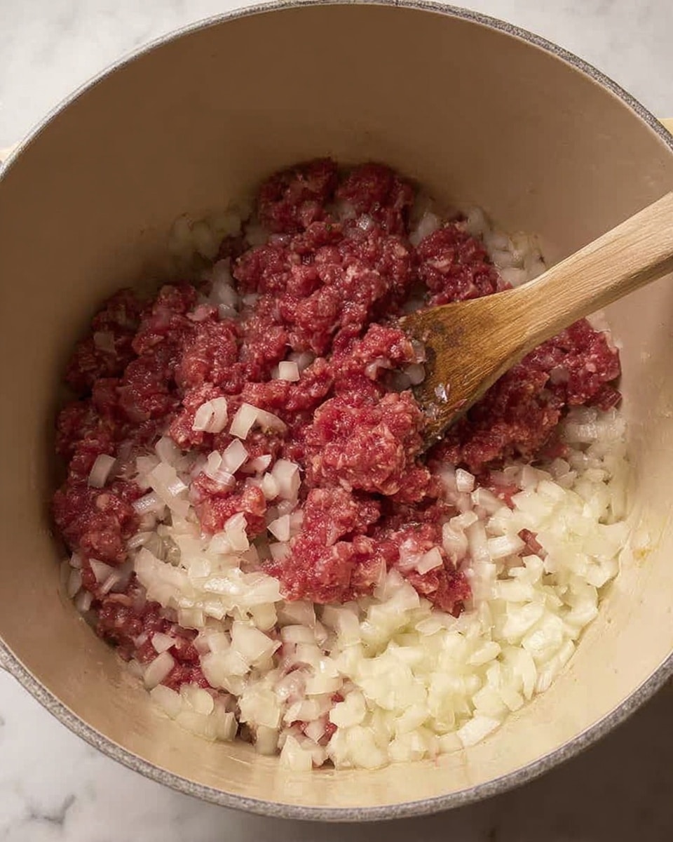 Inside a beige pot, there are two main layers visible. The bottom layer is made of small, soft, translucent white onion pieces evenly spread across the pot base. On top of this is a layer of raw minced meat with a deep red color that is starting to mix with the onions. A wooden spoon is partly buried in the mixture, stirring the meat and onions together. The pot sits on a white marbled surface. photo taken with an iphone --ar 4:5 --v 7