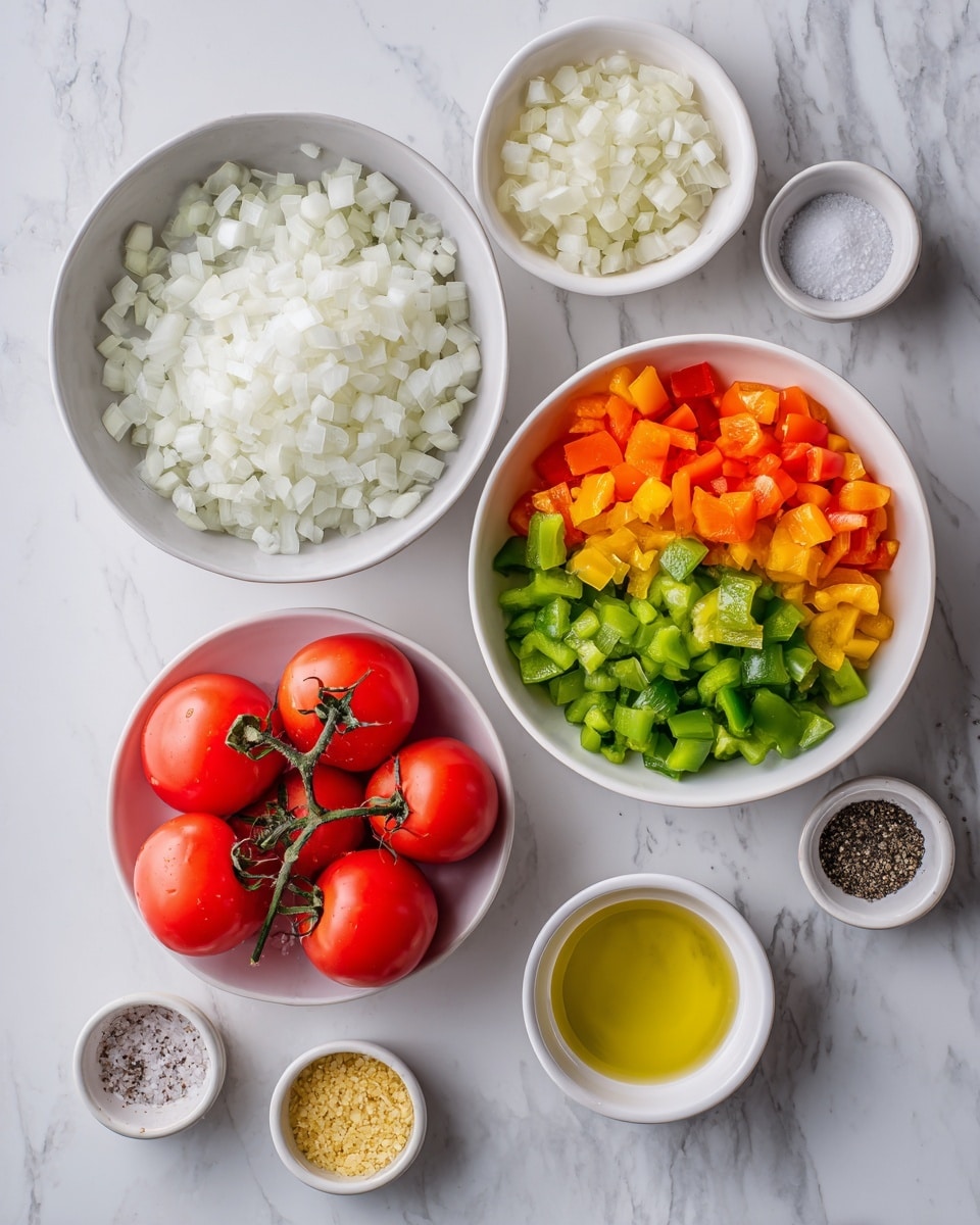 A top view of several white bowls and a small white dish set on a white marbled surface, each holding different fresh ingredients: one large bowl filled with finely chopped white onions on the top left, next to a large bowl on the right filled with three sections of diced bell peppers in green, orange, and yellow colors; below the onion bowl on the left, a white dish holds bright red tomatoes on the vine, and surrounding these bowls are smaller white bowls with minced garlic in one, pale yellow cooking oil in another, a yellow vegetable seasoning mix in a third, and two small white dishes holding salt and ground black pepper, all arranged neatly; a woman's hand is not visible in this image photo taken with an iphone --ar 4:5 --v 7