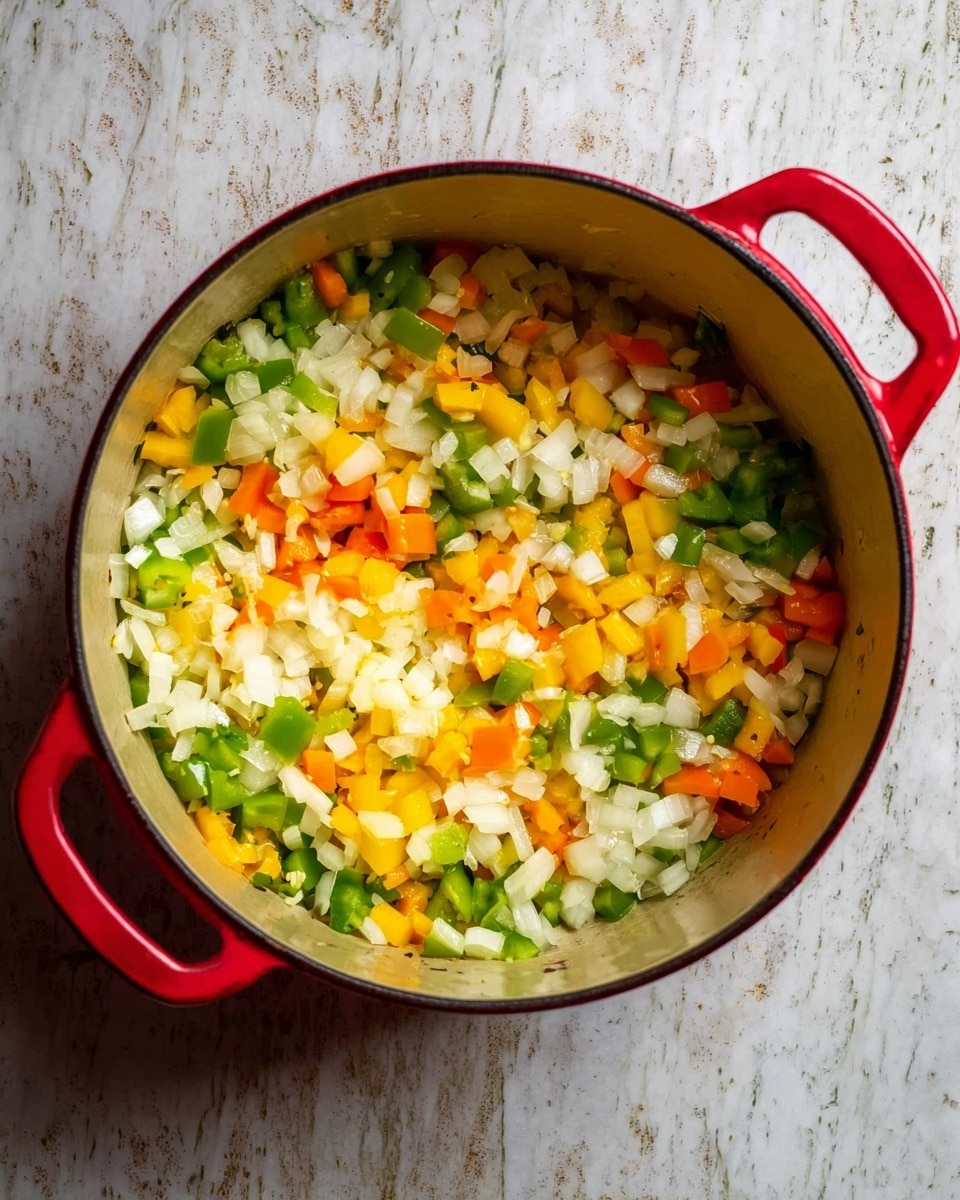 A round red pot with two handles holds a mix of diced vegetables inside. The vegetables layer consists mainly of white chopped onions, scattered throughout and mixed with chunks of green, yellow, and orange bell peppers. The colors are bright and fresh, and the vegetables spread evenly inside the pot. The pot sits on a surface with a white marbled texture. photo taken with an iphone --ar 4:5 --v 7