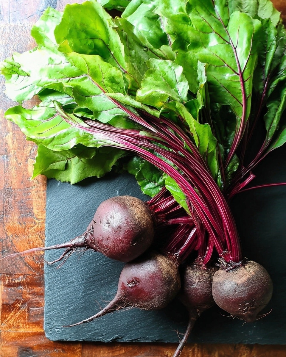 A bunch of fresh beets with dark purplish-red round roots and long, leafy green tops with purple veins, resting on a dark slate board placed on a wooden surface, the leafy greens spread out to one side showing their bright, slightly crinkled texture with some veins clearly visible. photo taken with an iphone --ar 4:5 --v 7