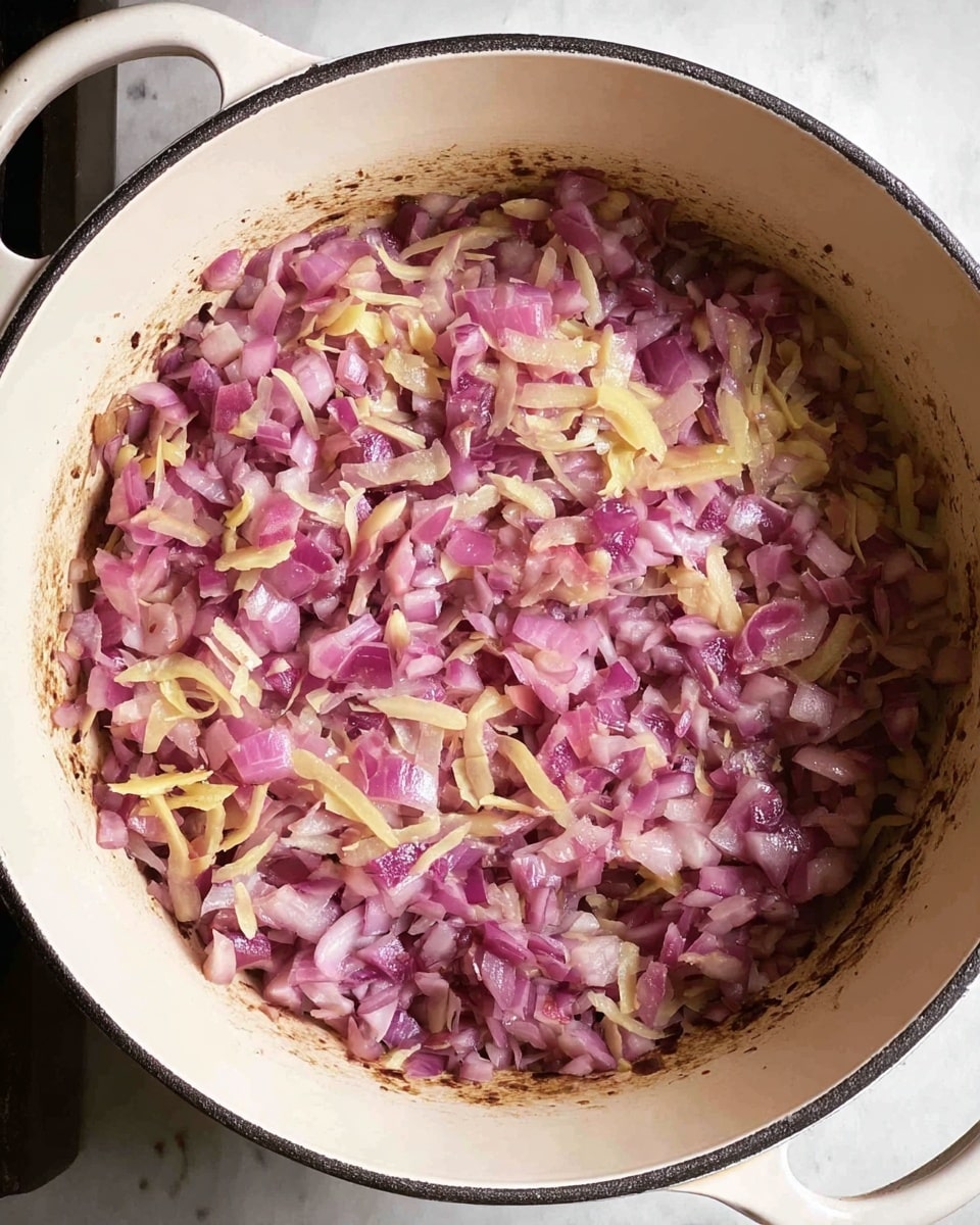 A large white pot filled with a single layer of cooked diced red onions mixed with thin pale yellow strips, likely ginger, scattered evenly across the bottom. The onions are soft and slightly translucent with a glossy texture, while the ginger strips have a fibrous look. The pot's interior shows light brown browning marks around the edges, indicating heat exposure, and the pot handle on one side is visible against a dark surface. The overall look is a warm, lightly sautéed mixture with a combination of purplish, yellow, and light brown tones, sitting against a white marbled background. Photo taken with an iphone --ar 4:5 --v 7