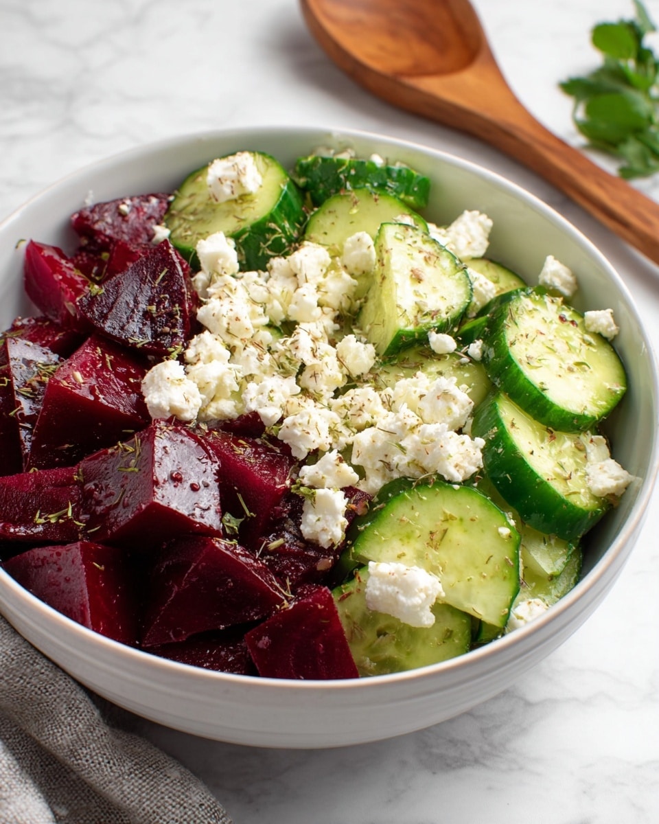 A white bowl filled with a fresh salad showing three main layers: the bottom layer has thick, dark red beet pieces with a smooth texture, the middle layer consists of bright green cucumber slices with a slightly bumpy skin and pale flesh, and the top layer has small white chunks of crumbly cheese sprinkled with light brown dried herbs. The bowl sits on a white marbled surface, and a wooden spoon is placed behind it. Some green leafy herbs are visible at the top right corner. photo taken with an iphone --ar 4:5 --v 7