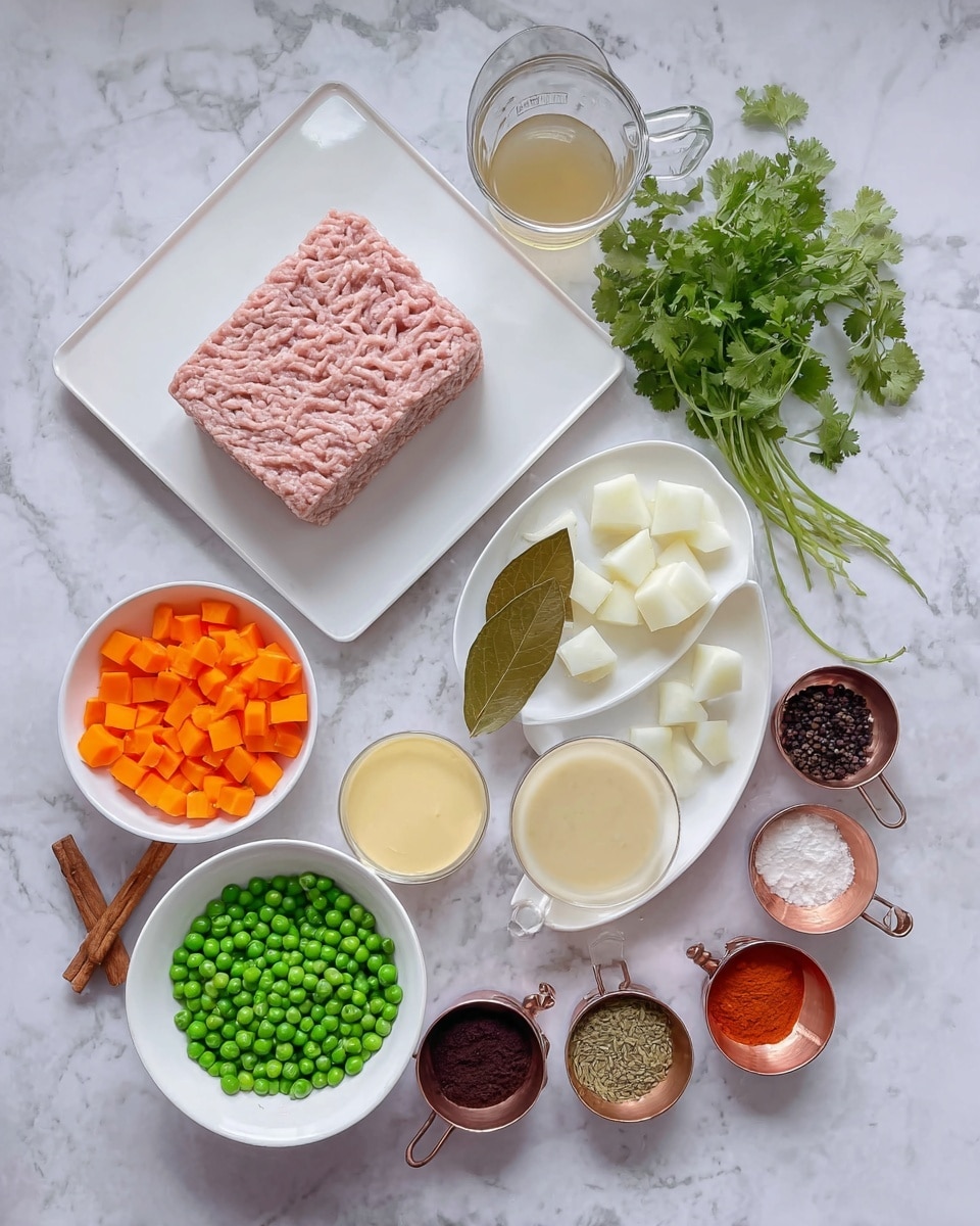 The image shows an overhead view of various ingredients neatly arranged on a white marbled surface. In the center top, a block of pale pink minced meat sits on a white square plate with rounded edges. To the right of it, fresh green coriander with stems is spread out. Below the meat plate, a white bowl holds white potato chunks soaked in water. Near the bottom left, there are small white bowls filled with bright orange carrot cubes and fresh green peas. Next to them, two small clear glass bowls contain smooth pale yellow and creamy white pastes or sauces. In the middle, a white oval plate displays whole spices including a large bay leaf, cinnamon stick, cardamom pods, and cloves. On the right side, small copper bowls hold various colorful powders, a dark brown paste, and a small chunk of pale yellow butter. At the top left, a clear glass measuring cup contains a light brown liquid. The setup is tidy and well-lit, with all elements clearly visible. Photo taken with an iphone --ar 4:5 --v 7