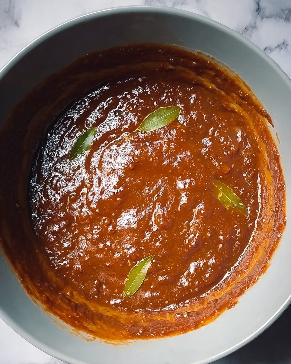 The image shows a thick, dark reddish-brown sauce with a shiny, oily texture spread across the bottom of a round white bowl. The sauce appears bubbly with small pockets of air and has a smooth, slightly uneven surface dotted with a few green bay leaves. The bowl's interior contrasts with the rich color of the sauce, and some sauce splatters cling to the sides. The background is a white marbled surface. photo taken with an iphone --ar 4:5 --v 7