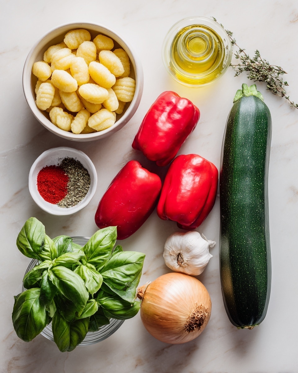 The image shows fresh ingredients arranged neatly on a white marbled surface, including a small white bowl filled with yellow gnocchi at the top left. Below it are three bright red peppers placed diagonally. To the right of the peppers is a dark green zucchini lying horizontally. Near the zucchini, there is a whole golden-brown onion, and above it, a whole white garlic bulb. At the top right, there is a small glass bottle with light green olive oil. Below the onion, a small white bowl holds red sweet paprika and dried thyme. To the bottom left, a clear glass bowl contains fresh bright green basil leaves. At the very bottom right, there is a small white bowl filled with light beige plant milk. photo taken with an iphone --ar 4:5 --v 7