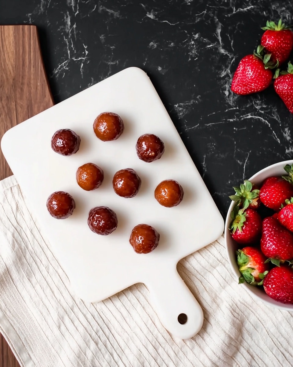 A white rectangular cutting board with a handle holds ten round brown sweets that look shiny and smooth, placed in a scattered pattern. To the right, there is a round white bowl filled with fresh red strawberries with green leaves. Below the cutting board, a white cloth with thin lines is laid, showing a soft texture. The background is a dark surface with a white marbled texture visible beneath some parts of the cloth. Photo taken with an iphone --ar 4:5 --v 7