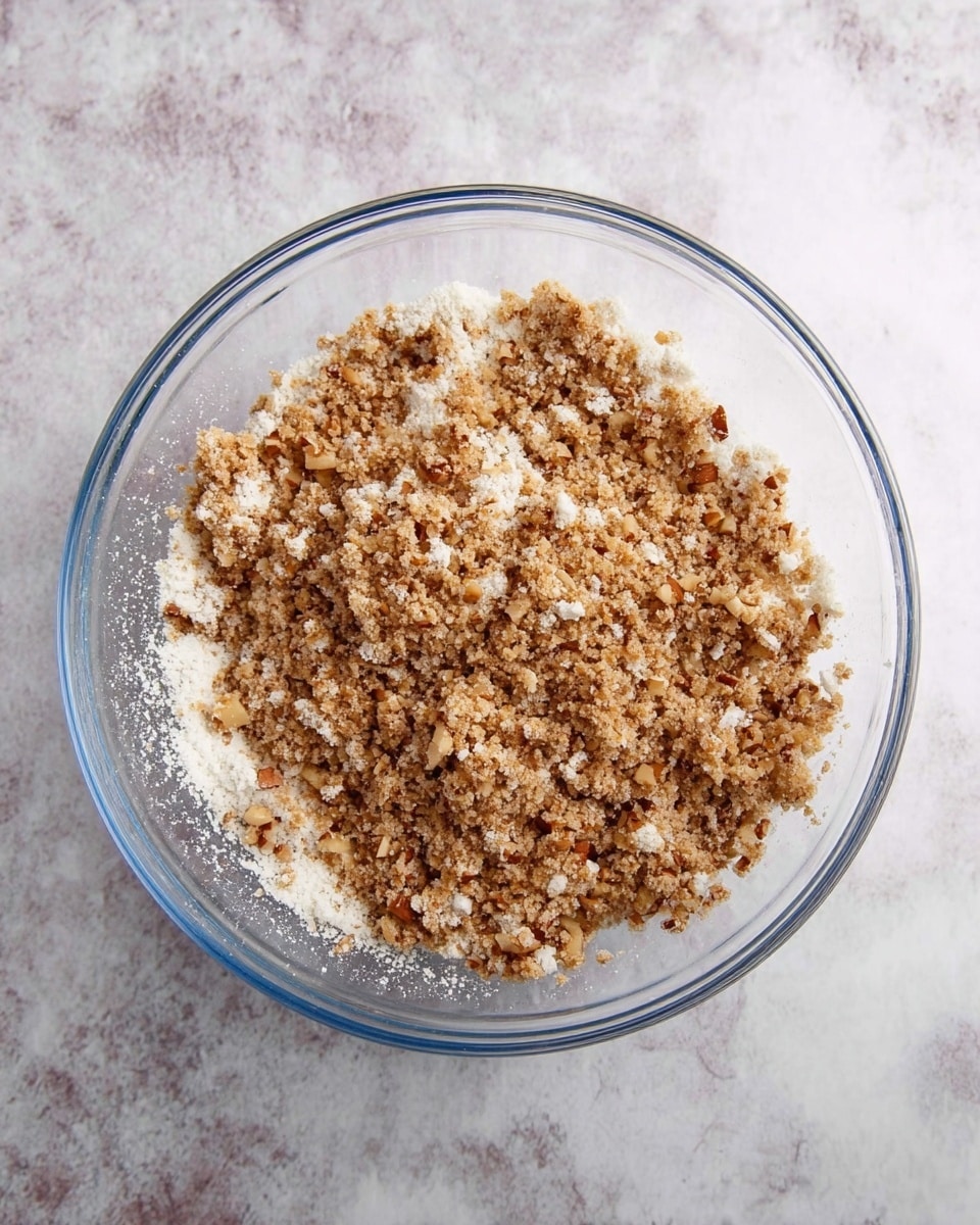 A clear glass bowl sits on a white marbled surface filled with a crumbly mixture made of small white pieces and tiny brown nut bits, evenly spread out filling the bowl halfway. The texture looks dry and coarse with uneven chunks scattered throughout. The bowl is circular with gently sloped sides, allowing a top-down view that captures the entire mixture inside. photo taken with an iphone --ar 4:5 --v 7