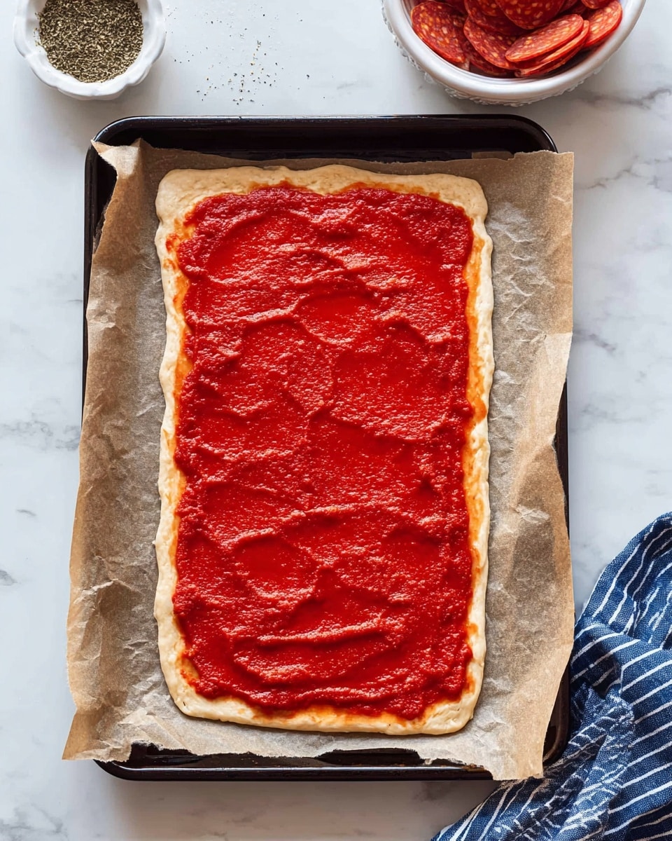 A small rectangular pizza dough sheet with a thick layer of smooth, bright red tomato sauce spread evenly across the top, leaving a thin border of dough visible around the edges, rests on a crinkled sheet of parchment paper placed on a dark metal baking tray. The tray is set on a white marbled surface, with a white bowl of dried herbs and a white bowl of round, red pepperoni slices visible in the background, and a blue-striped cloth partially visible on the right side. Photo taken with an iphone --ar 4:5 --v 7
