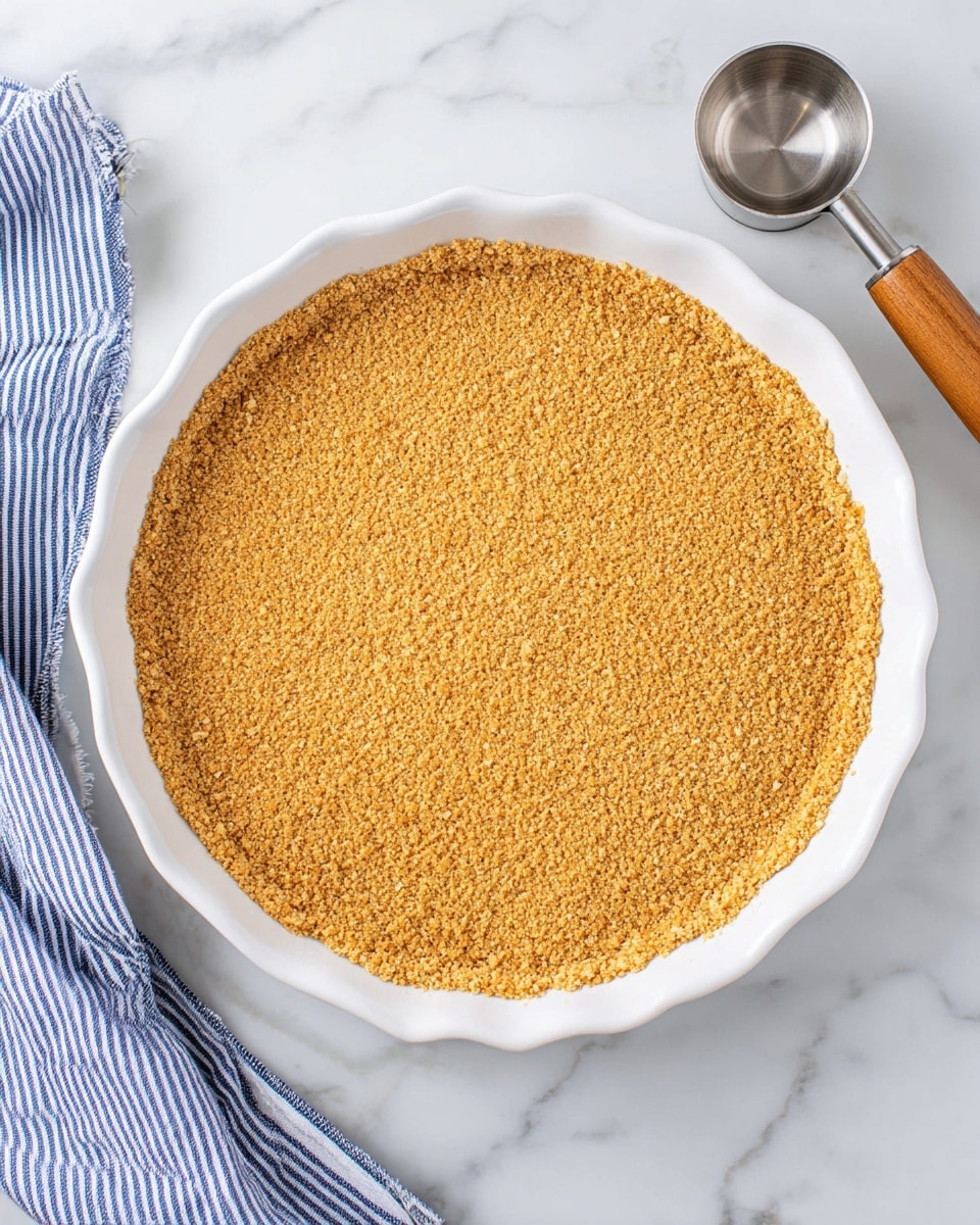 The image shows a white pie dish filled with a single even layer of finely crushed golden-brown cracker crumbs forming a smooth and compact pie crust. The crust covers both the base and sides of the dish with small, uniform crumbs packed tightly together. The dish sits on a white marbled surface next to a metal measuring cup with a wooden handle on the top right and a folded blue and white striped cloth at the bottom left. photo taken with an iphone --ar 4:5 --v 7