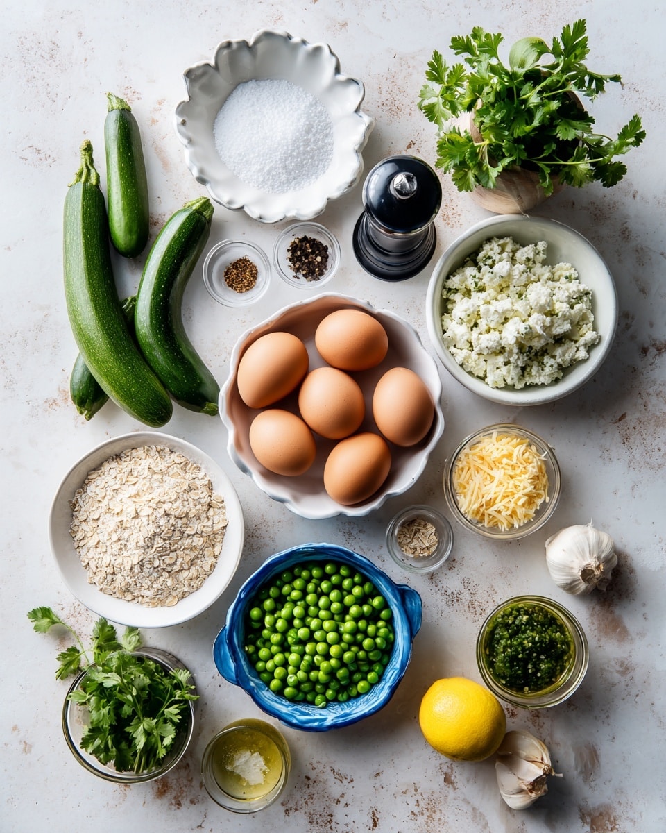 A flat lay image showing many fresh ingredients placed on a white marbled surface, each in its own small white or clear bowl or lying directly on the surface. There is a white bowl filled with several brown eggs in the center. Surrounding it, from top-left to bottom-right, are small white dishes containing salt on a decorative white dish, water, garlic powder, quick oats, cumin, baking powder, cottage cheese, flour, shredded cheddar cheese, and cherry tomatoes in a white bowl. Two fresh green zucchinis lie beside the cottage cheese, and a black pepper grinder is positioned nearby. A small white bowl holds bright green peas, and a blue-rimmed white bowl contains more green peas. Fresh green herbs including cilantro and parsley are in wooden and glass containers, along with a lemon, jalapeno pepper, and a garlic clove laying on the surface. A small glass container holds olive oil near the center. The scene is bright and neatly arranged, emphasizing fresh textures and colors. Photo taken with an iphone --ar 4:5 --v 7