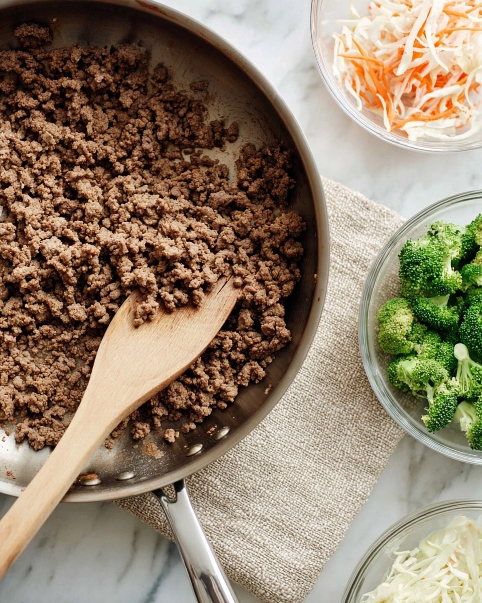 A close-up view of cooked ground meat with a brown color and crumbly texture filling a silver pan, with a wooden spatula partially lifted on the right side stirring the meat. To the right of the pan, there are two clear glass bowls, one filled with bright green broccoli florets and the other with white and light orange shredded vegetables. The pan and bowls rest on a white marbled textured surface, and a beige textured cloth is placed near the bowls. Photo taken with an iphone --ar 4:5 --v 7