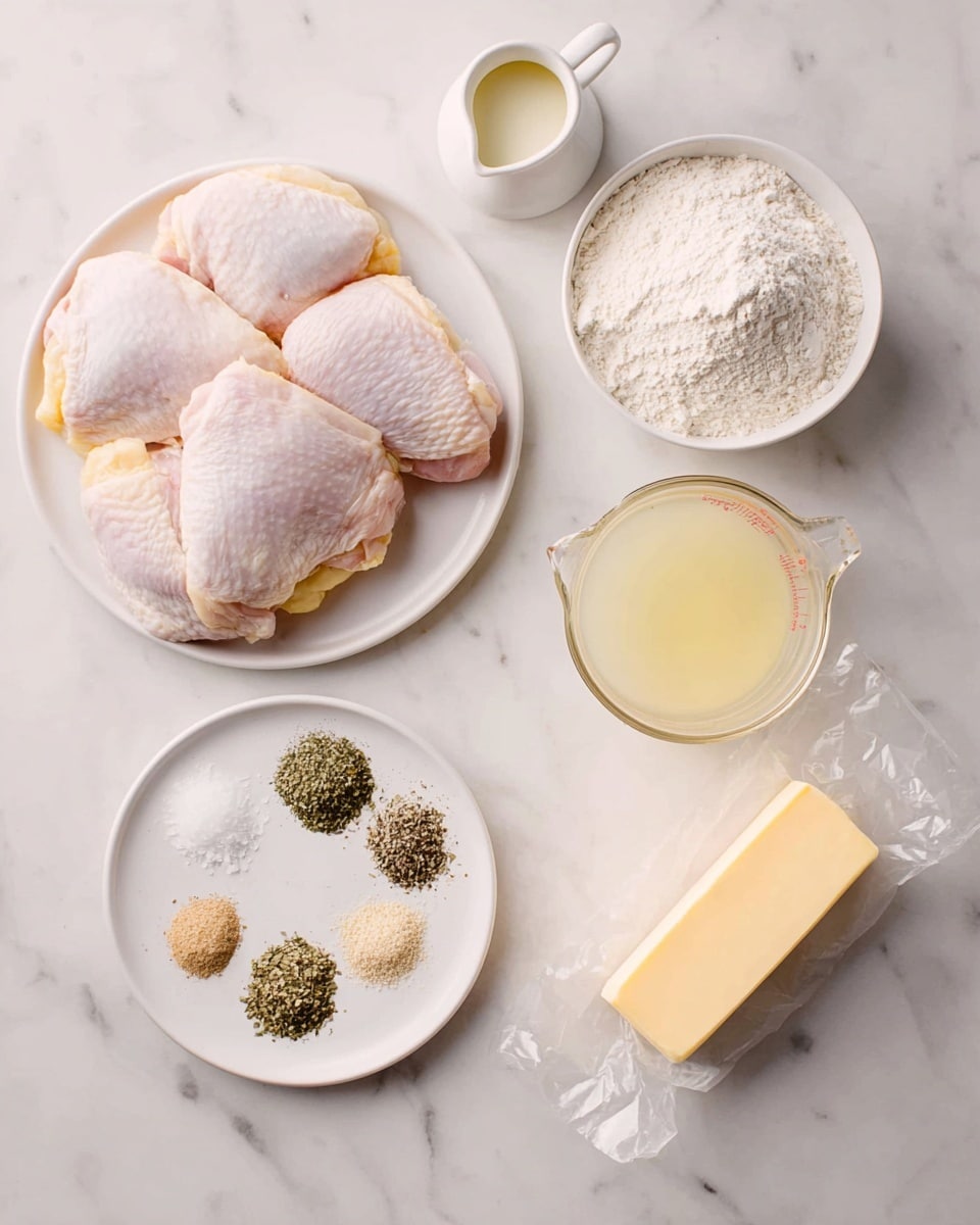 The image shows six ingredients arranged on a white marbled surface. In the bottom left, a white round plate holds several raw chicken thighs with pale pink skin and light yellow fat. Above the chicken, a small white jug contains a creamy white liquid. In the center, a small white bowl is filled with white flour. To the right, a clear glass measuring cup holds a pale yellow liquid. Below the glass cup, a small white plate has five spices neatly placed in separate piles: white salt, black pepper, dried green herbs, light brown powder, and a smaller pile of pale yellow powder. To the far right, a stick of pale yellow butter is wrapped in clear paper. The photo is taken with an iphone --ar 4:5 --v 7