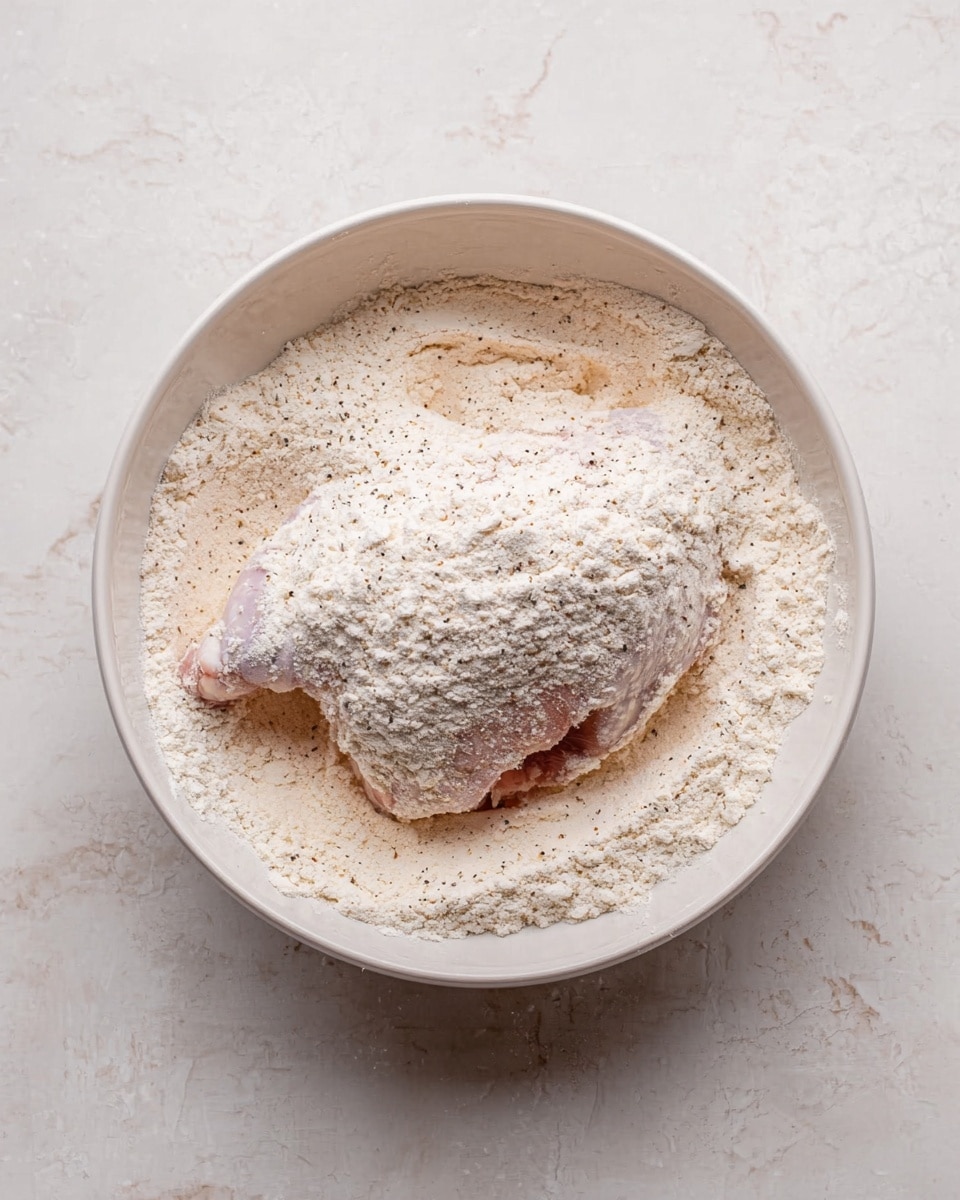 A single piece of raw chicken is placed in a white bowl filled with a thick layer of light beige flour mixed with specks of black seasoning. The chicken is partially covered in the flour mixture, showing a rough textured surface with some areas more heavily dusted. The bowl sits on a white marbled surface. The image is shot from above, highlighting the contrast between the smooth flour and the uneven texture of the chicken. photo taken with an iphone --ar 4:5 --v 7