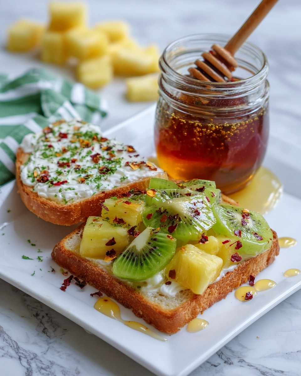 A clear glass jar filled with red chili oil showing small chili flakes floating inside, with a wooden honey dipper partially submerged in the oil. Surrounding the jar are slices of yellow pineapple and green kiwi with black seeds, placed on a white plate on top of a green-striped cloth on a white marbled surface. Some scattered chili flakes can be seen near the jar. Photo taken with an iphone --ar 4:5 --v 7