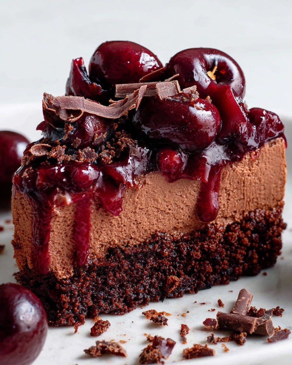 The image shows a close-up of a rich chocolate dessert with three distinct layers. The bottom layer is a dark, crumbly chocolate base with a rough texture. Above it is a thick, smooth chocolate mousse layer that looks creamy and dense. The top layer features a shiny, deep red cherry sauce that drips slightly down the sides. On top, there are whole cherries covered in the sauce and scattered chocolate curls, adding texture and depth. Crumbs and bits of the dessert sit on the white marbled surface around it. Photo taken with an iphone --ar 4:5 --v 7