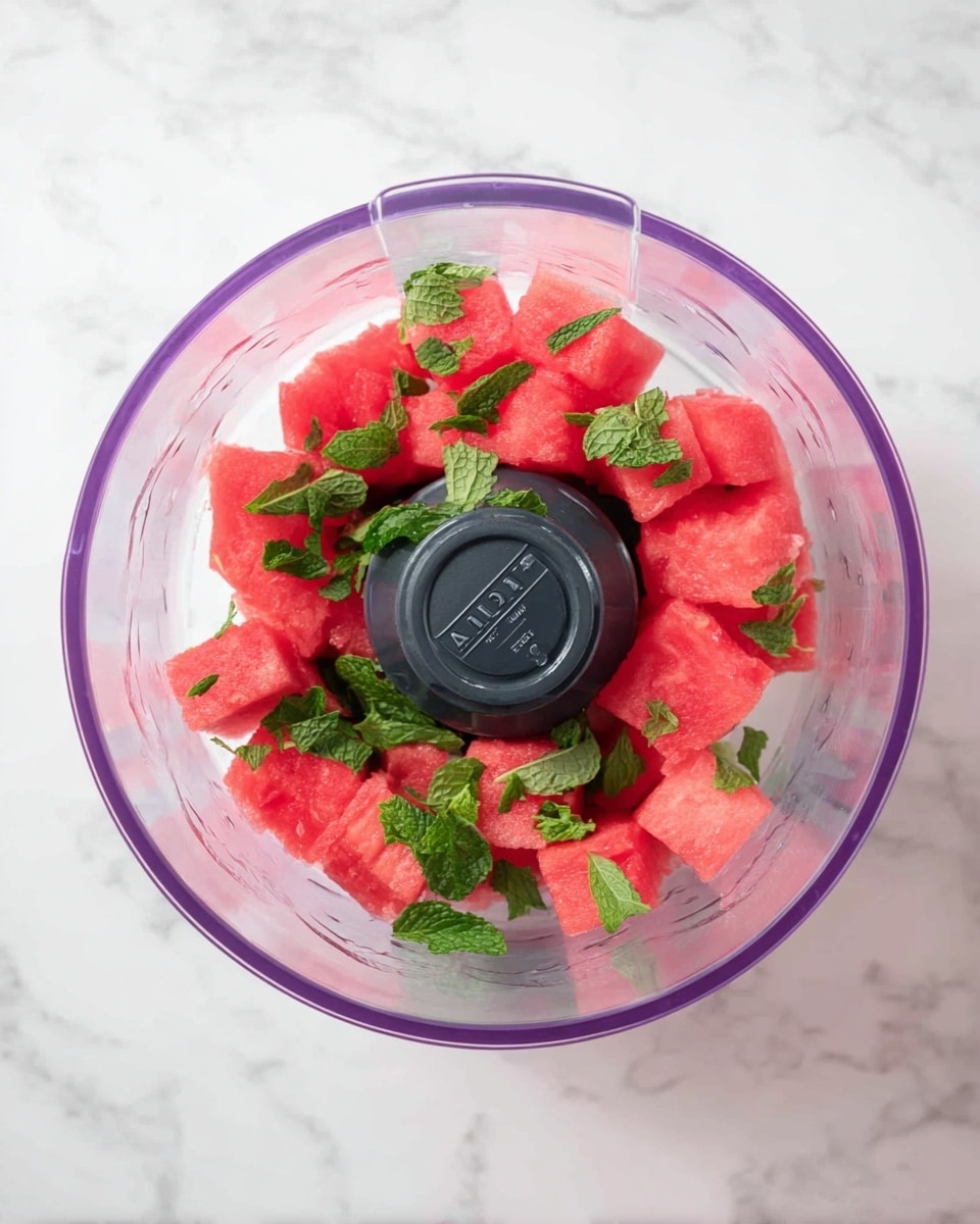 The image shows a clear blender bowl with a purple rim sitting on a white marbled surface. Inside the bowl, there are bright red watermelon cubes arranged in a single layer at the bottom, topped with fresh green mint leaves scattered evenly over the watermelon. The black blender blade holder with a number
