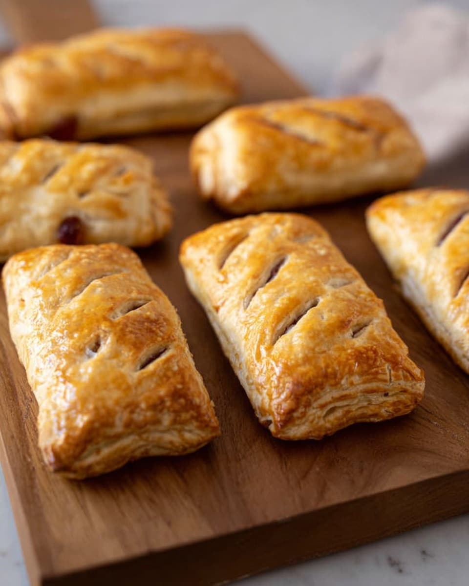 The image shows six golden brown puff pastries evenly spaced on a wooden board. Each pastry is rectangular with a slightly rounded top. The pastry surface is flaky with a shiny baked finish and has small diagonal slits on top. The edges are layered and crimped to seal the filling inside. The background is soft and out of focus, enhancing the warm color of the pastries. photo taken with an iphone --ar 4:5 --v 7