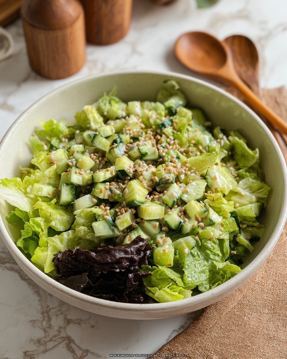 A white bowl filled with a salad consisting of three main layers: the bottom layer has chopped light and dark green lettuce leaves, the middle layer shows diced bright green cucumber pieces with dark green skin, and the top layer is sprinkled with small, round, beige seeds or grains. The salad looks fresh and slightly creamy with a light dressing coating. The bowl sits on a white marbled surface with a few wooden utensils and containers blurred in the background. Photo taken with an iphone --ar 4:5 --v 7