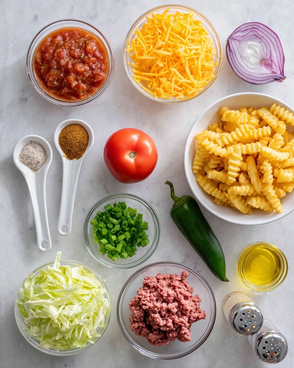 The image shows an arrangement of fresh ingredients on a white marbled surface. In the top right, a white bowl is filled with crinkle-cut French fries, golden and crispy in texture. Below and slightly left is a white bowl with a generous pile of shredded bright orange cheddar cheese. Next to the cheese, a small glass bowl contains a chunky, rich red salsa with visible pieces of tomato and other vegetables. Close to the center, there is a clear glass bowl holding a mound of raw ground beef with a soft texture. Above the beef, a single smooth red tomato rests. To the left of the tomato, three white ceramic spoons hold different spices: one with a light brown spice, one with a reddish-orange spice, and the last with a white powdery substance. A small glass bowl filled with bright green chopped scallions is positioned near the spoons. Below the scallions, a larger glass bowl contains shredded crisp pale green lettuce leaves. A whole purple onion sits near the lettuce. On the right side, a single green jalapeño pepper lays on the white marbled surface. At the bottom right, a transparent glass container holds golden yellow olive oil. Nearby, two small glass shakers filled with salt and pepper stand side by side. The overall arrangement is neat, colorful, and ready for preparing a tasty dish. Photo taken with an iphone --ar 4:5 --v 7